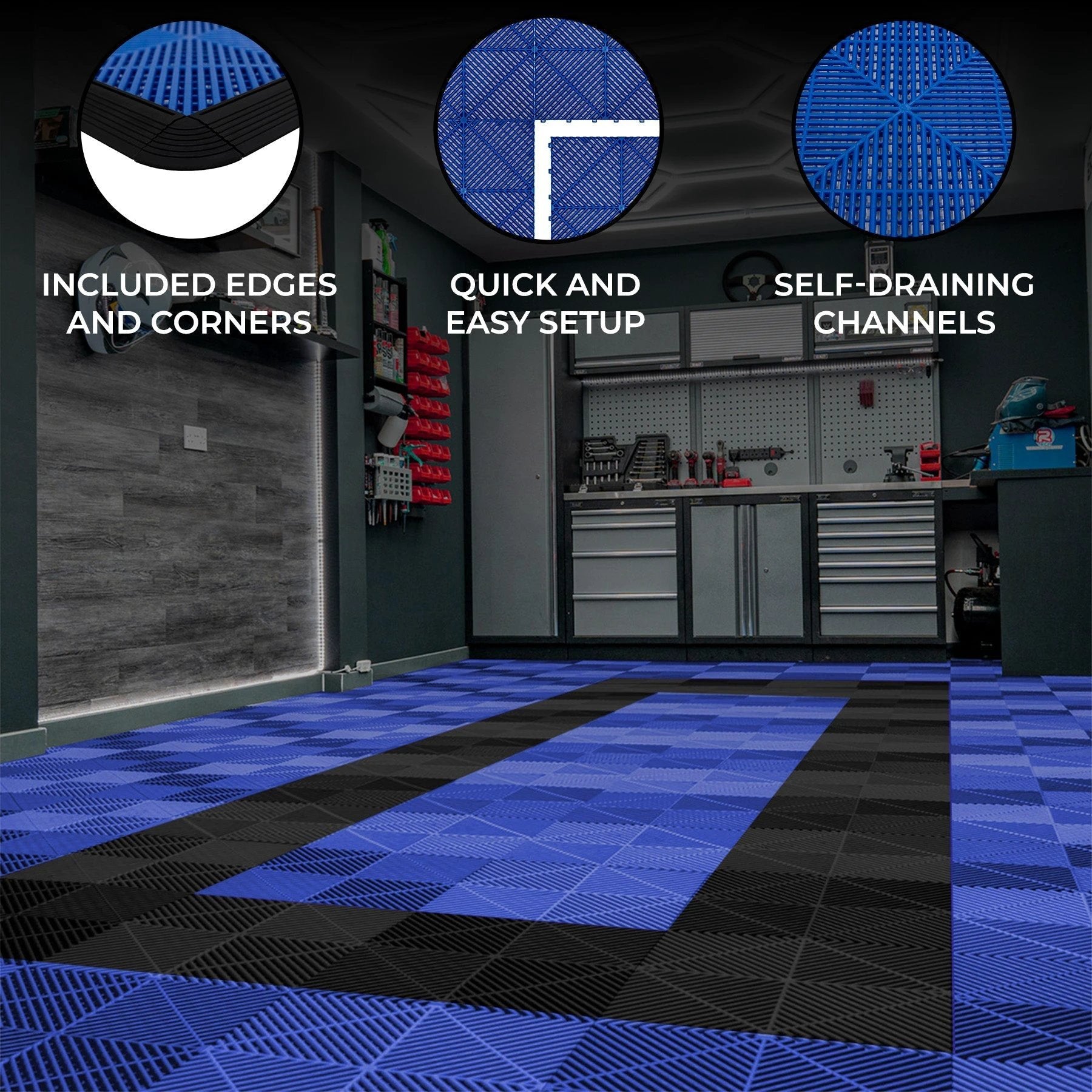 Vented Garage Floor Tiles With Edges – 90 Blue & 30 Black by Monster Shop