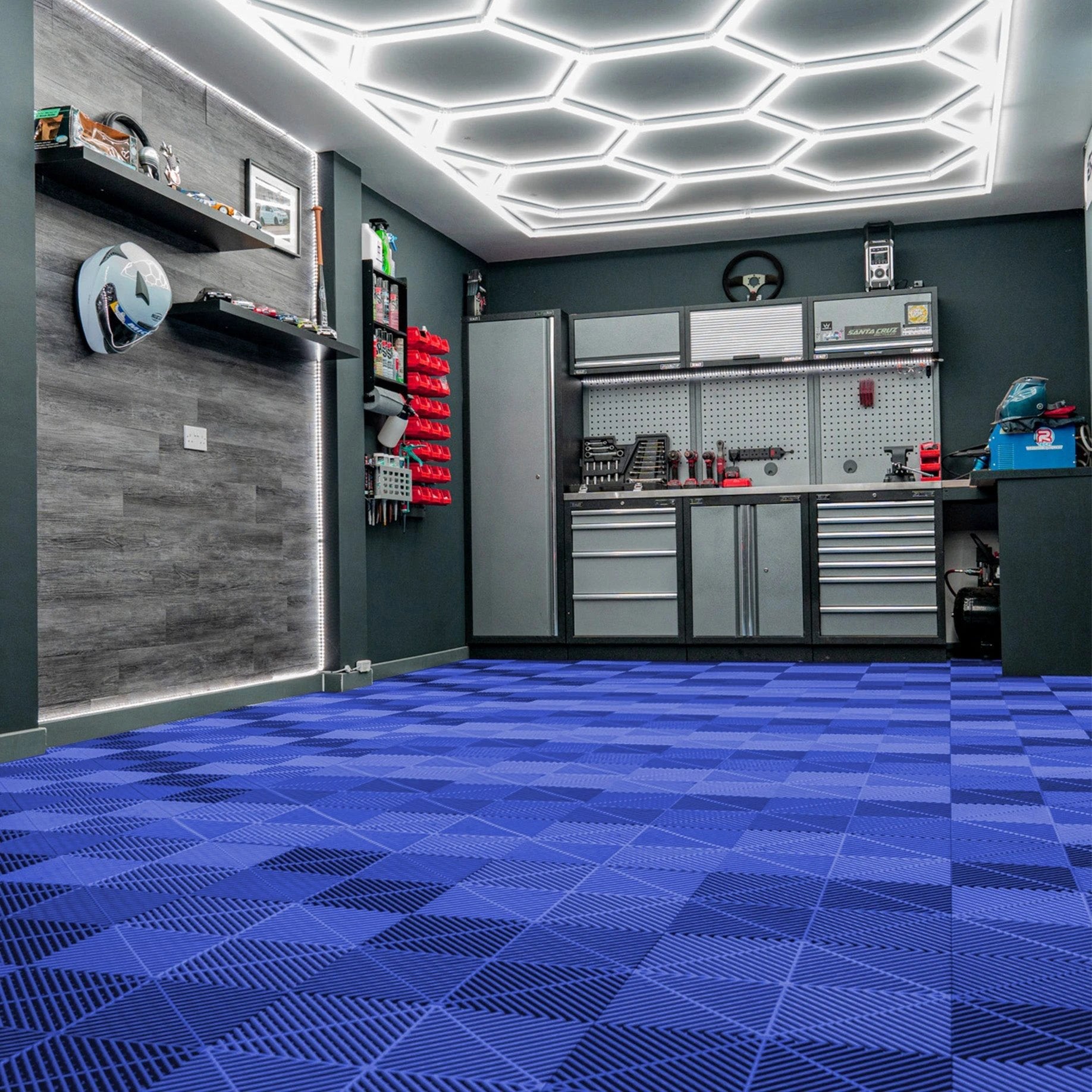 Monster Shop Hexagon LED Light & Vented Garage Floor Tiles x 120 With Edges - Blue -