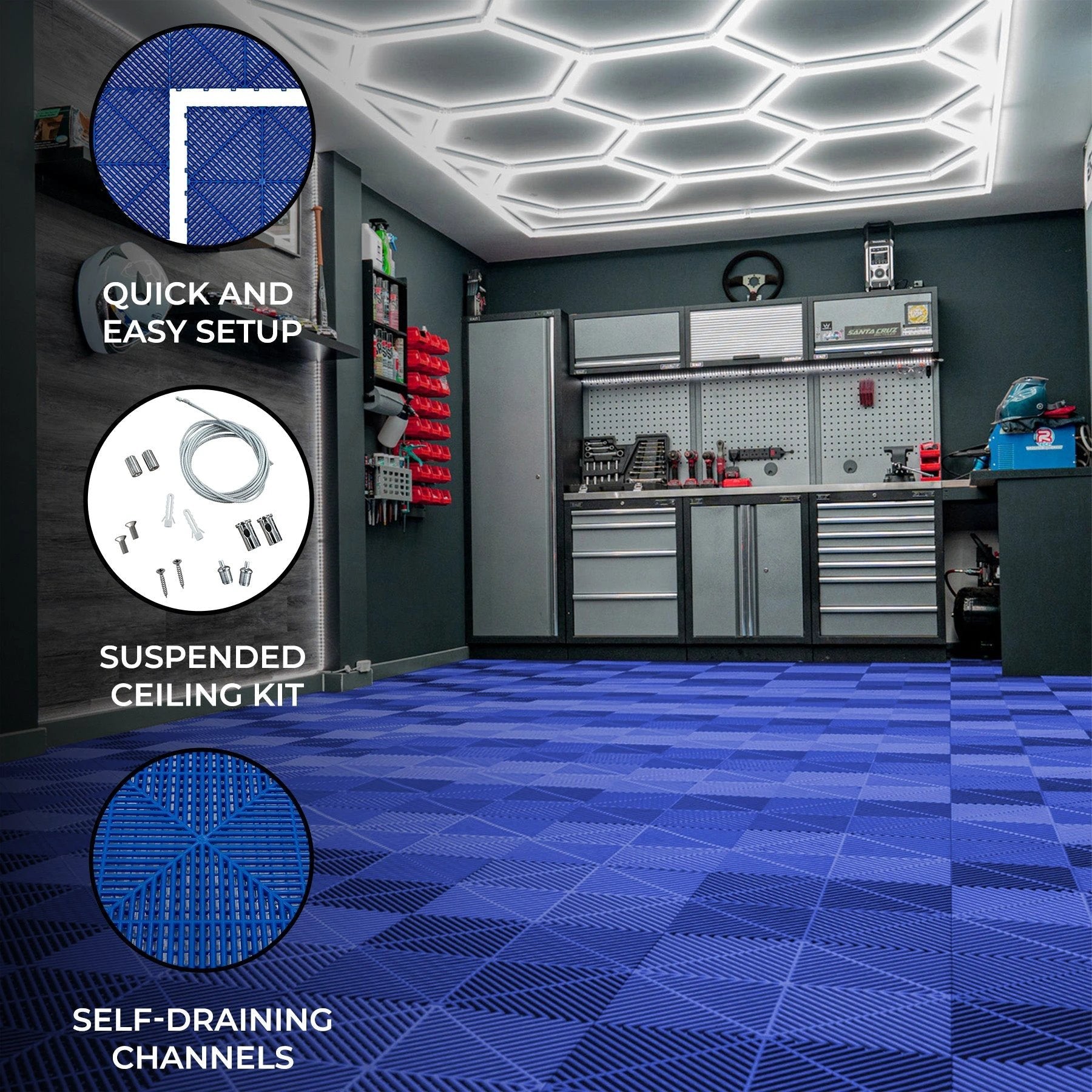Monster Shop Hexagon LED Light & Vented Garage Floor Tiles x 120 With Edges - Blue -