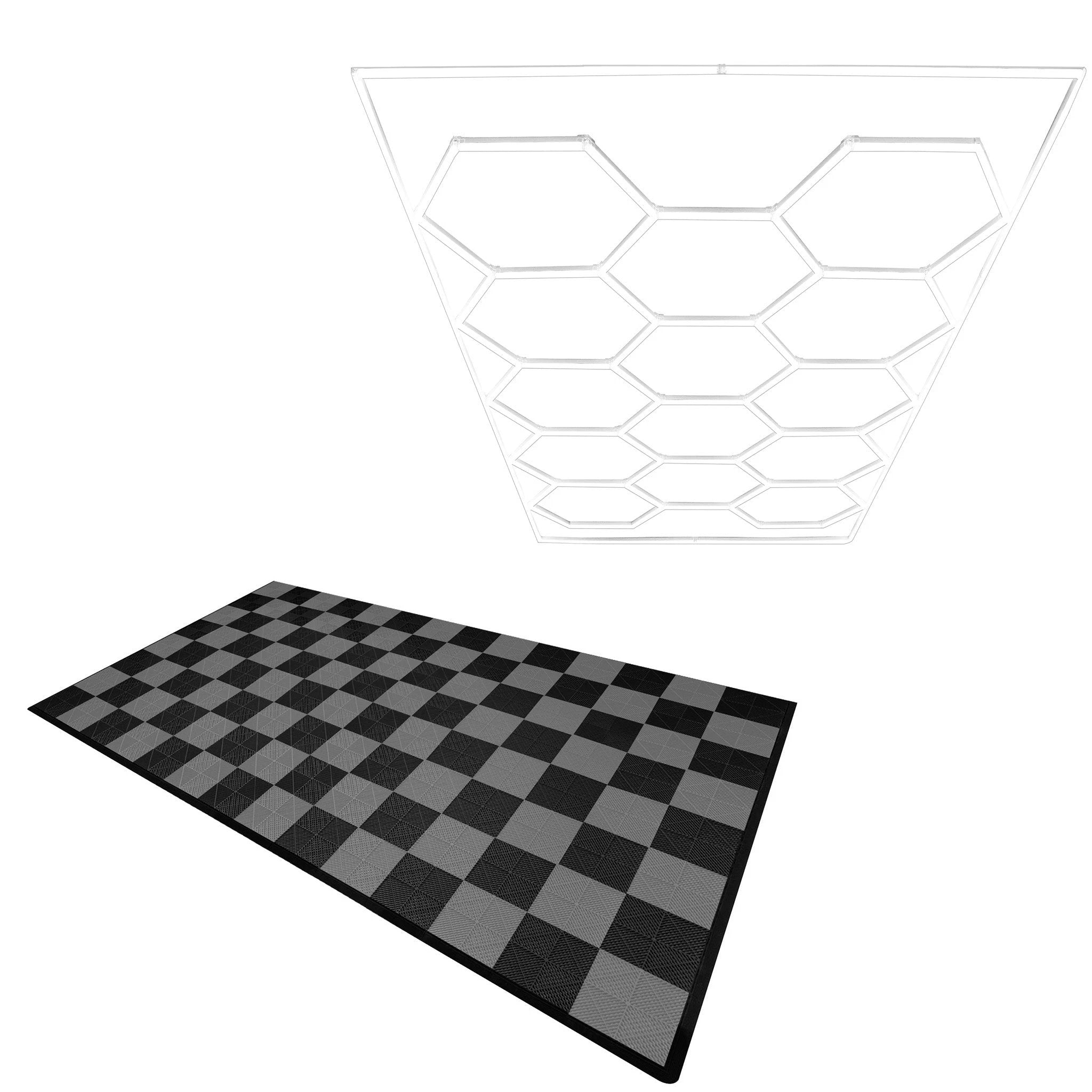 Monster Shop Hexagon LED Light & Vented Garage Floor Tiles With Edges - 60 Black & 60 Grey -