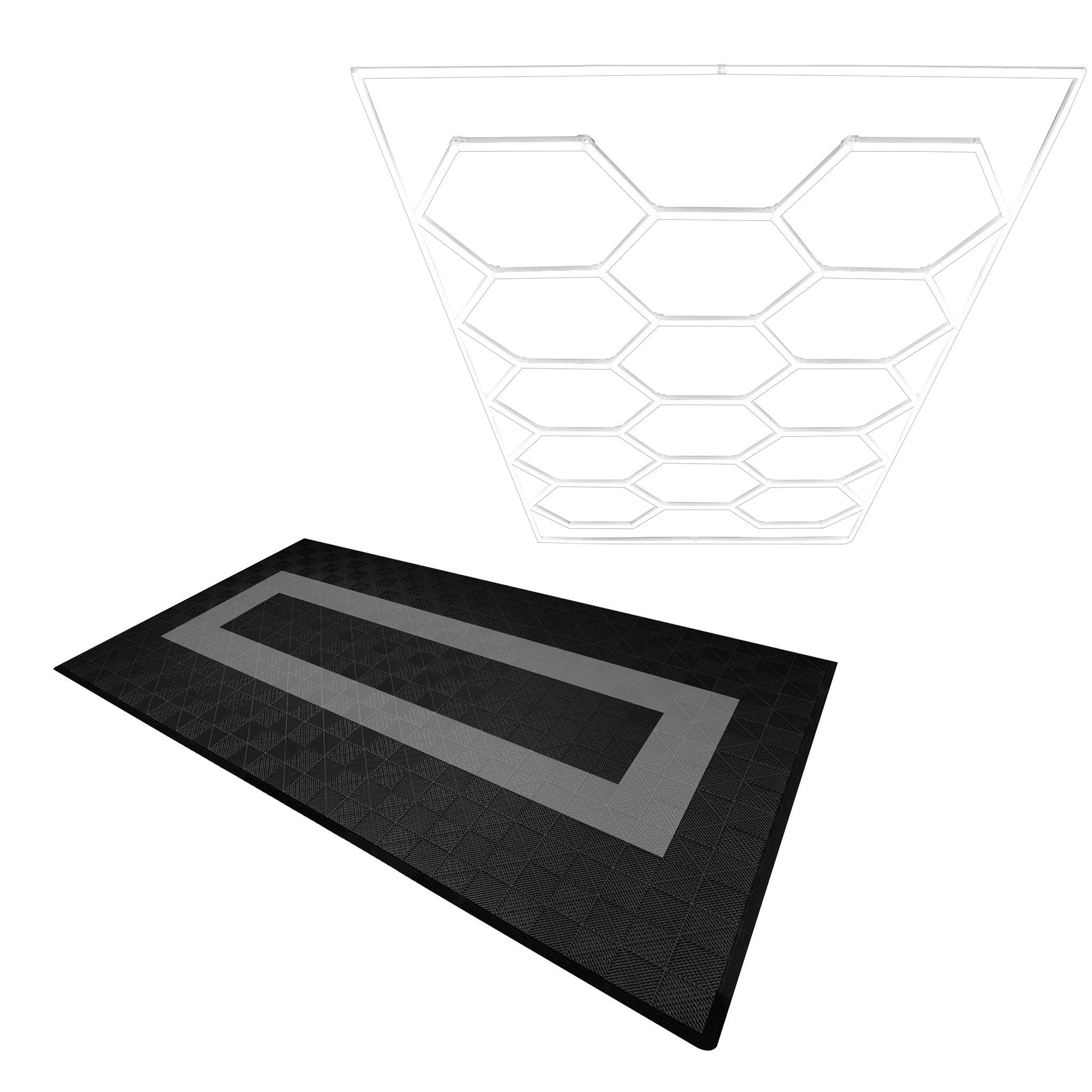 Hexagon LED Light & Vented Garage Floor Tiles With Edges - 90 Black & 30 Grey by Monster Shop