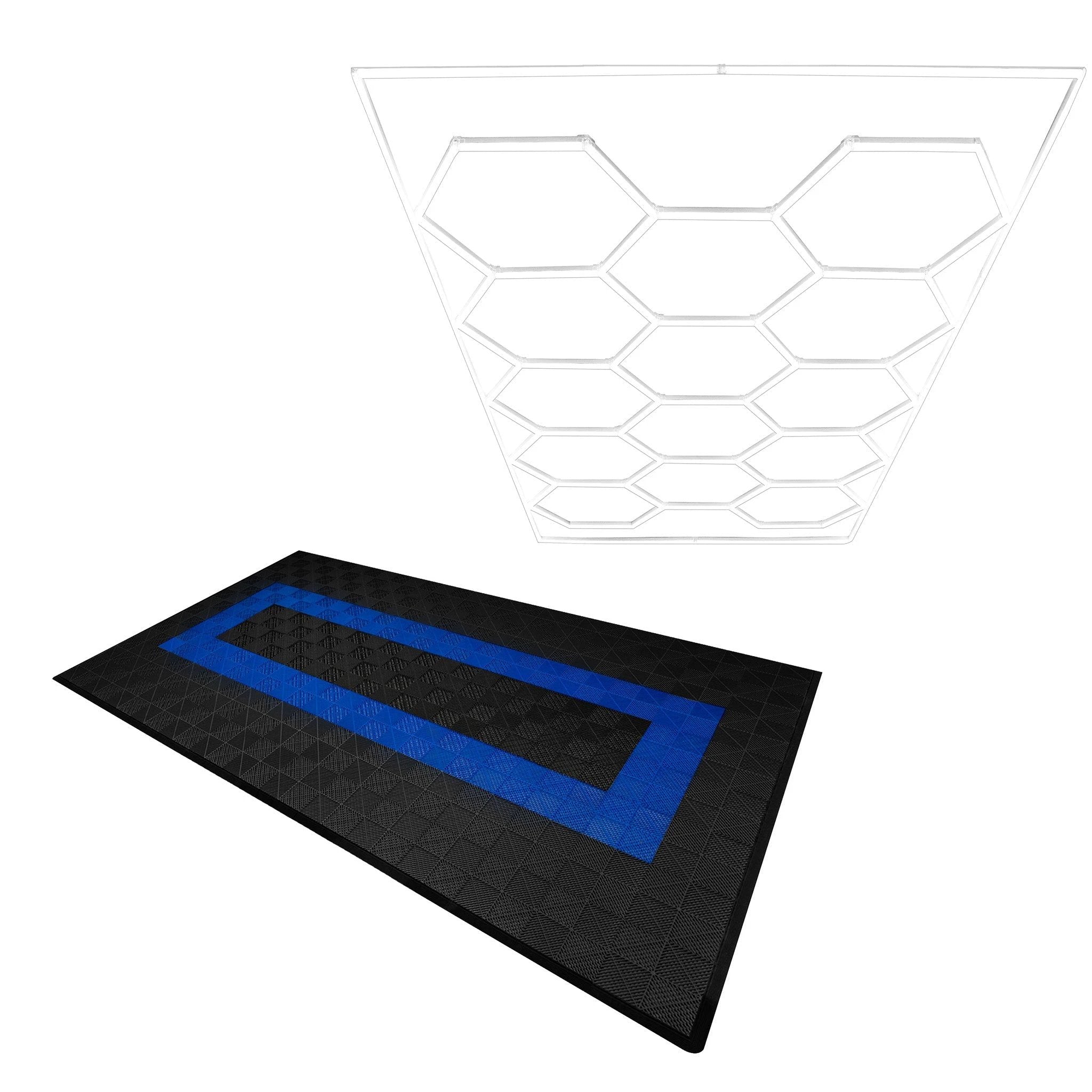 Hexagon LED Light & Vented Garage Floor Tiles With Edges - 90 Black & 30 Blue by Monster Shop