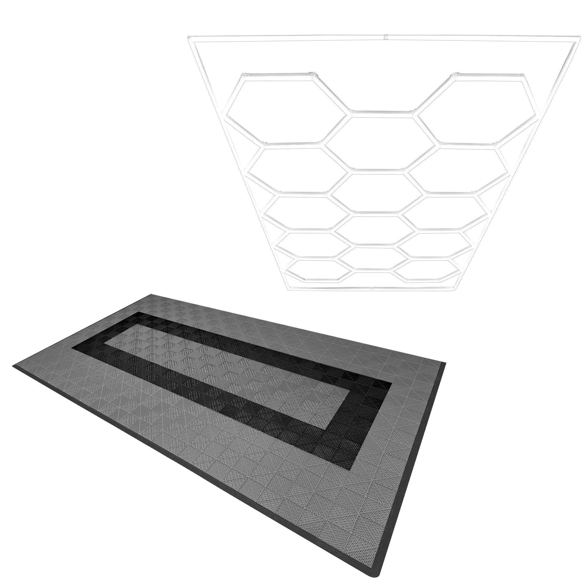 Monster Shop Hexagon LED Light & Vented Garage Floor Tiles With Edges - 90 Grey & 30 Black -