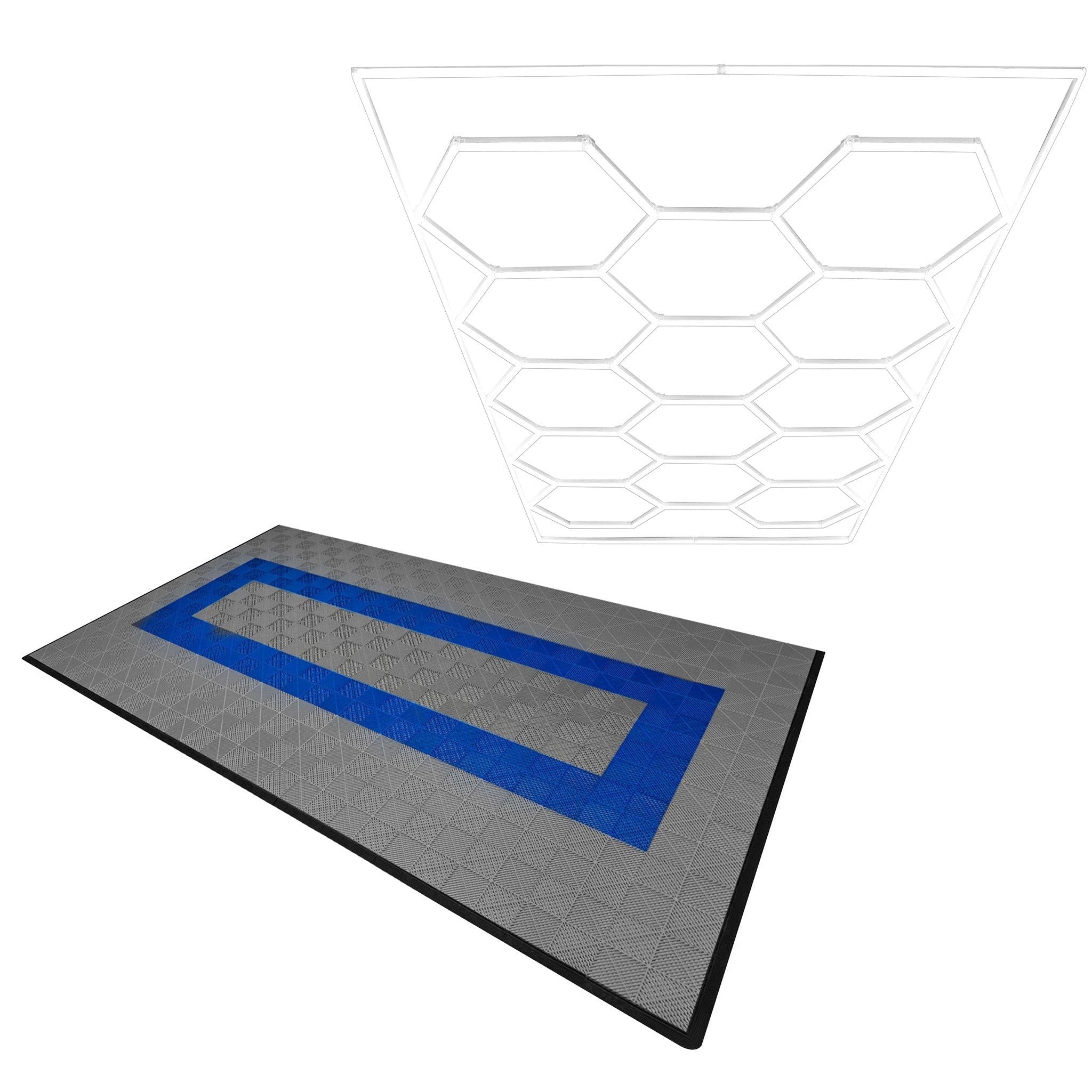 Monster Shop Hexagon LED Light & Vented Garage Floor Tiles With Edges - 90 Grey & 30 Blue -
