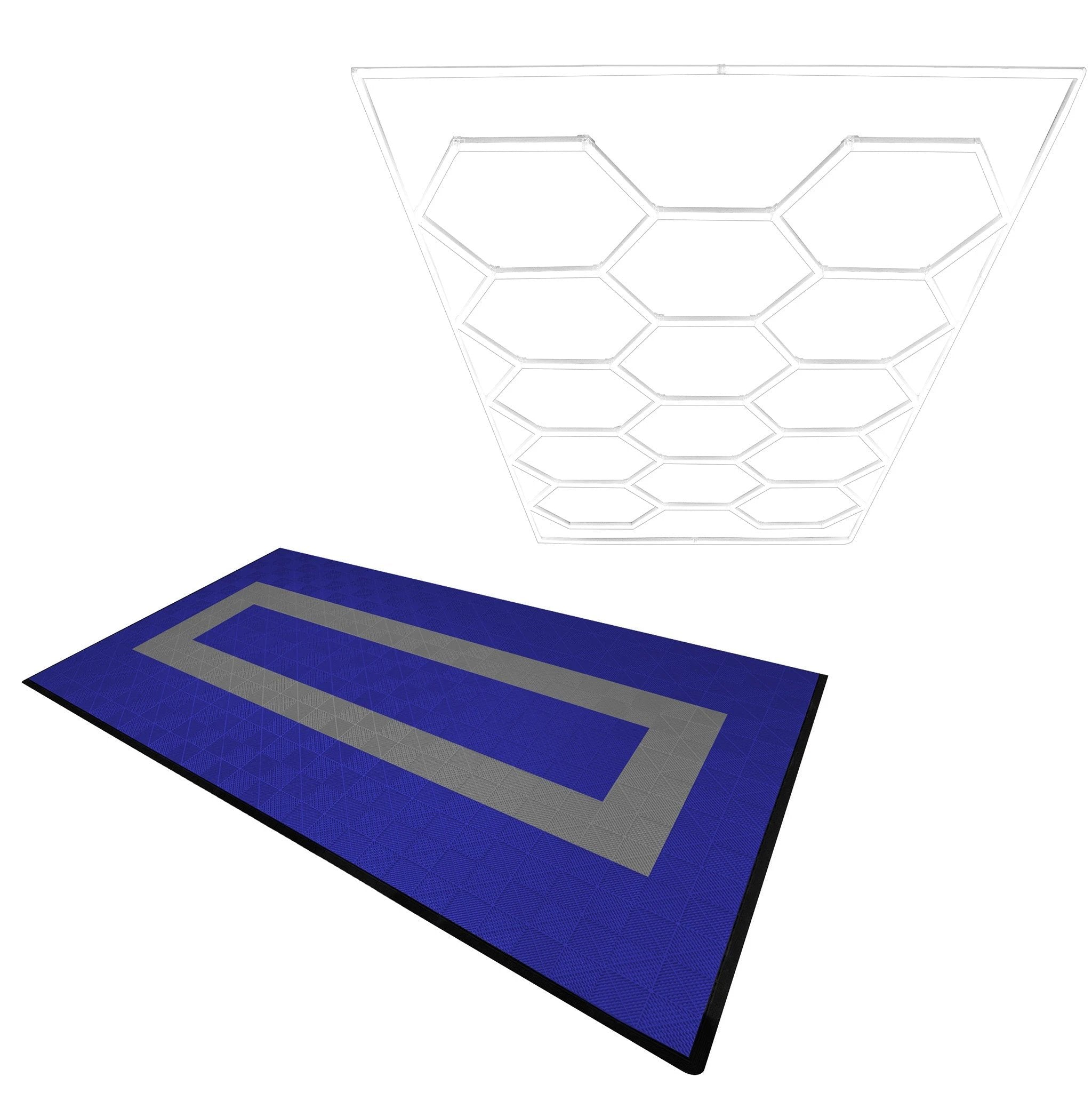 Hexagon LED Light & Vented Garage Floor Tiles With Edges - 90 Blue & 30 Grey by Monster Shop