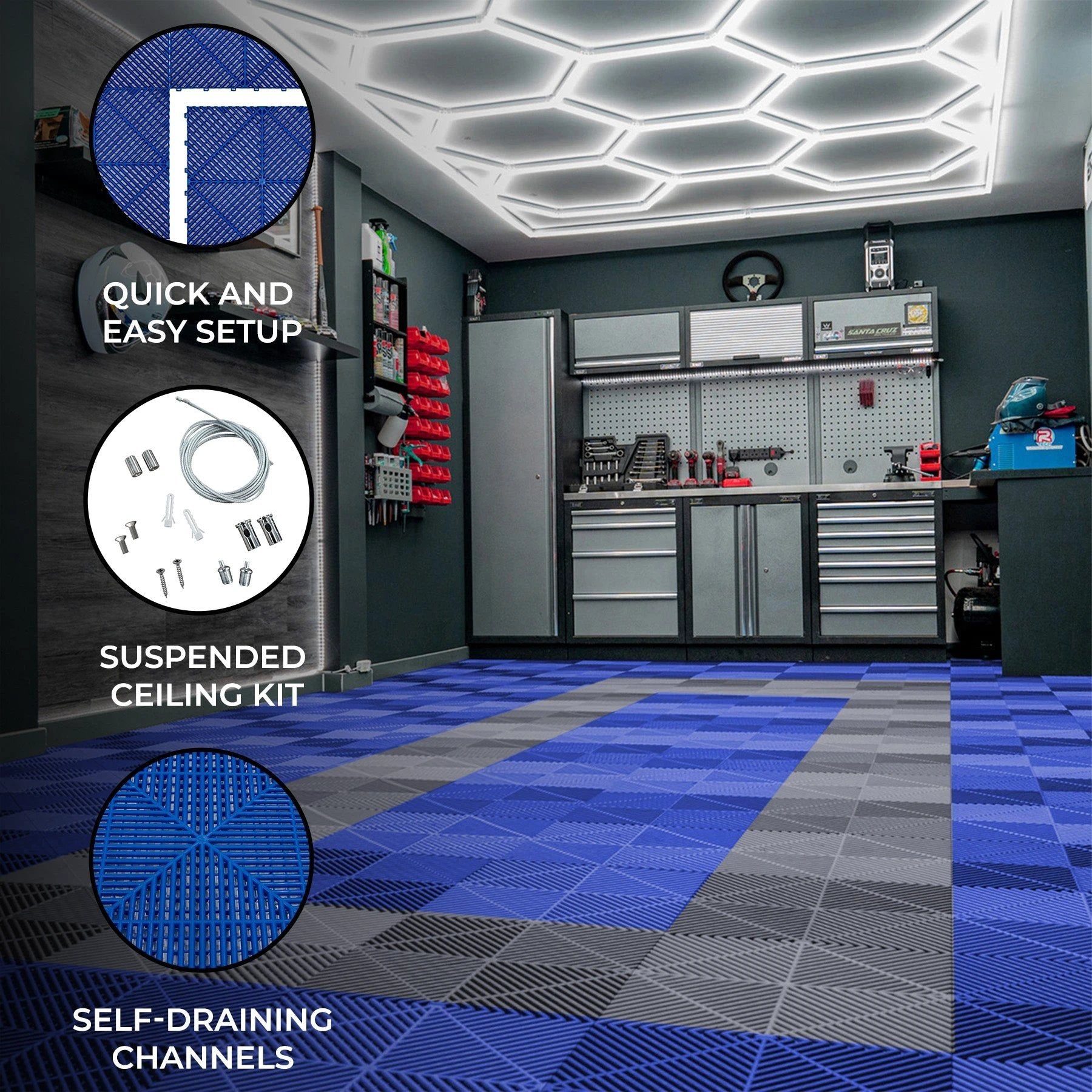 Hexagon LED Light & Vented Garage Floor Tiles With Edges - 90 Blue & 30 Grey by Monster Shop