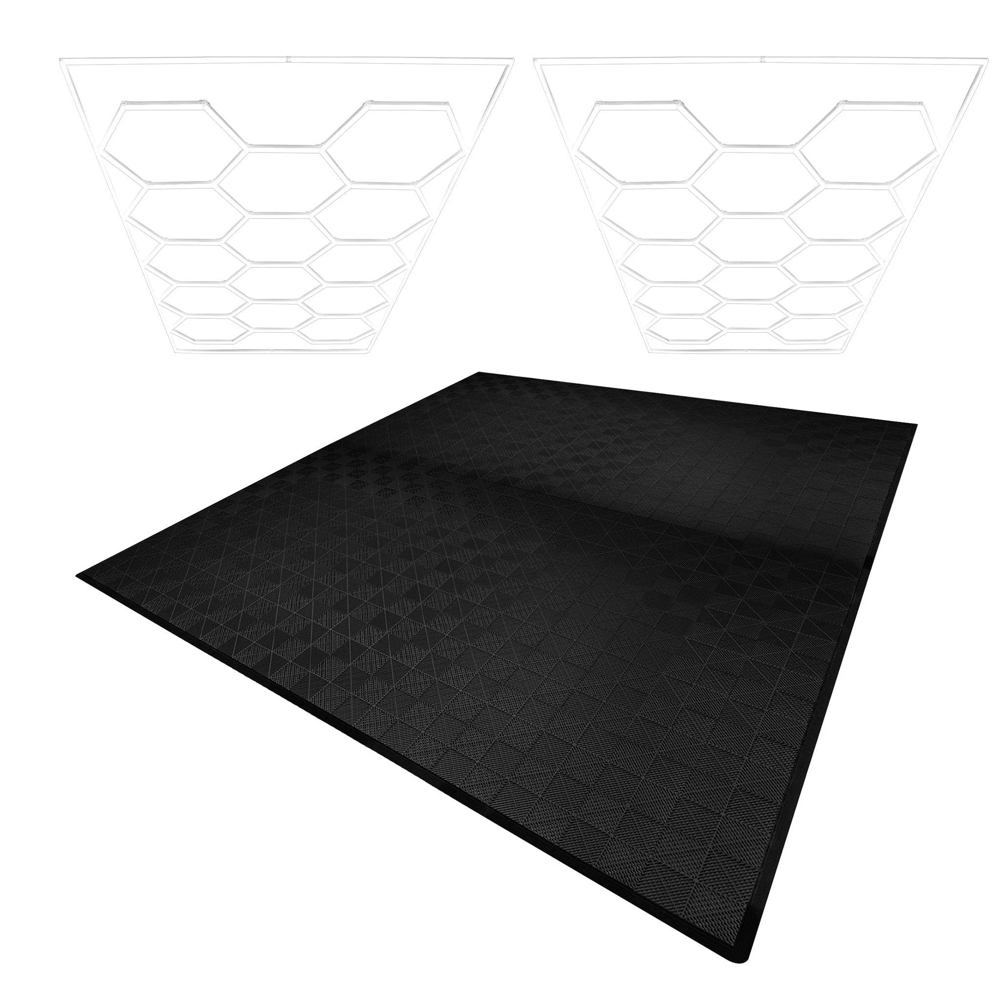 Hexagon LED Lights x 2 & Vented Garage Floor Tiles x 225 With Edges - Black by Monster Shop