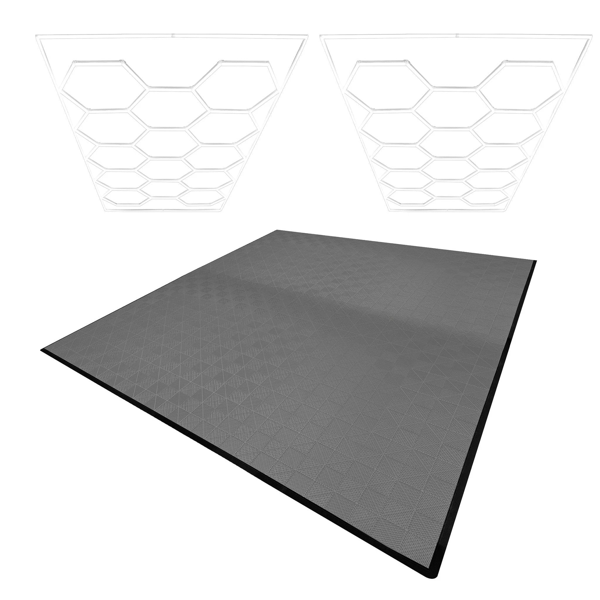 Hexagon LED Lights x 2 & Vented Garage Floor Tiles x 225 With Edges - Grey by Monster Shop