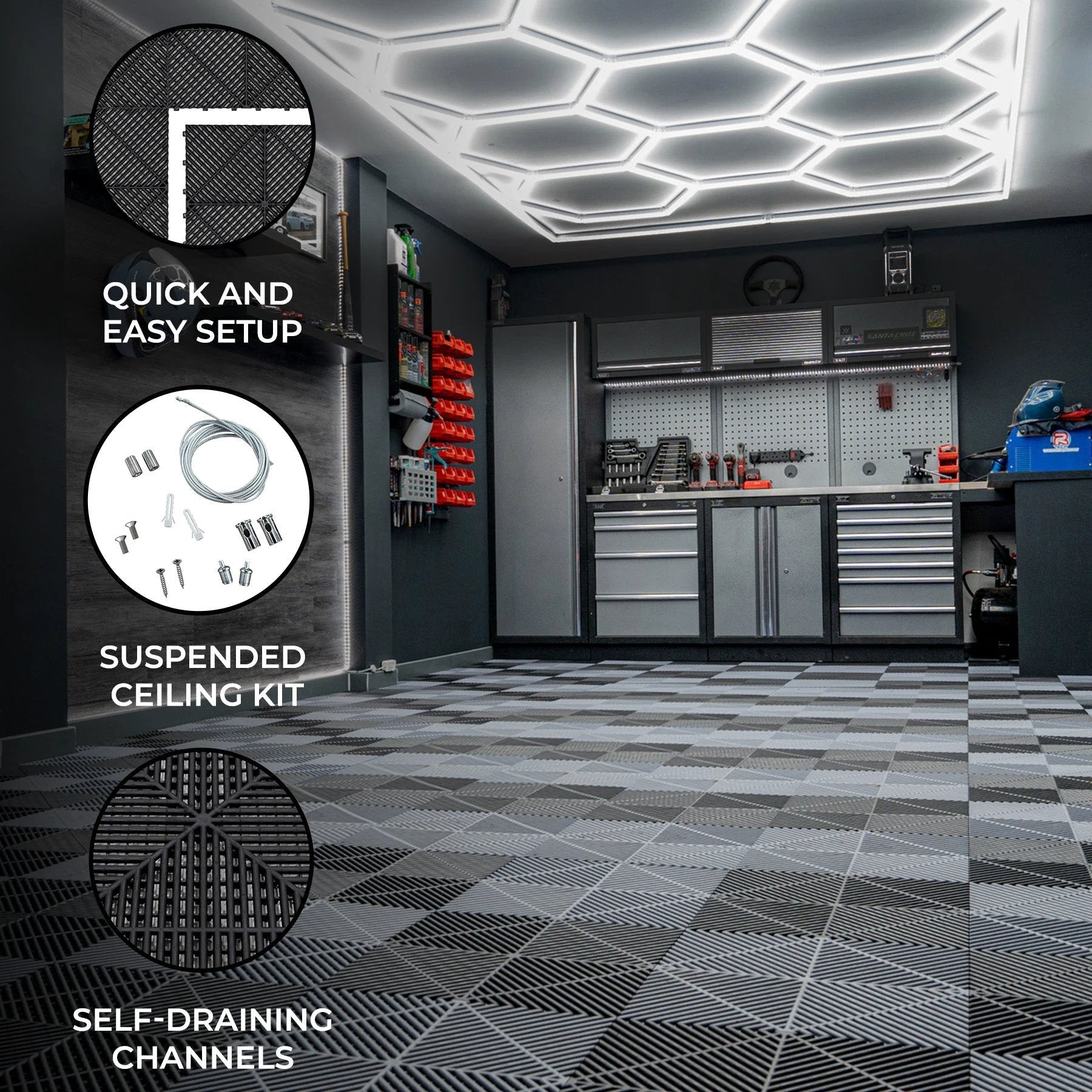 Monster Shop Hexagon LED Lights x 2 & Vented Garage Floor Tiles With Edges - 120 Black & 120 Grey -