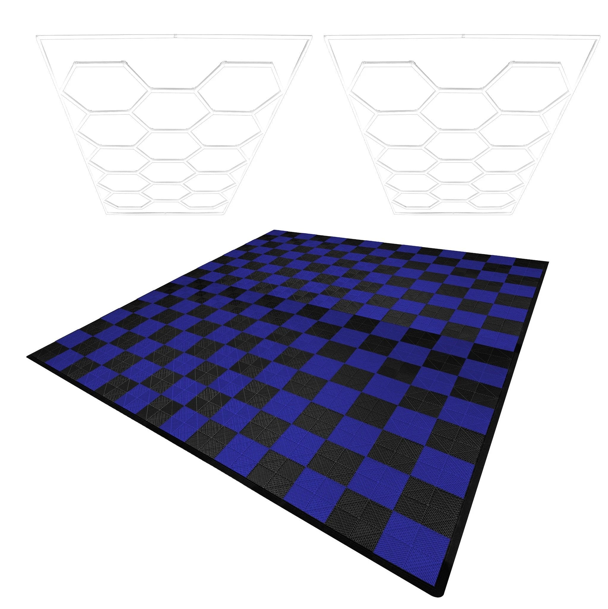 Monster Shop Hexagon LED Lights x 2 & Vented Garage Floor Tiles With Edges - 120 Black & 120 Blue -