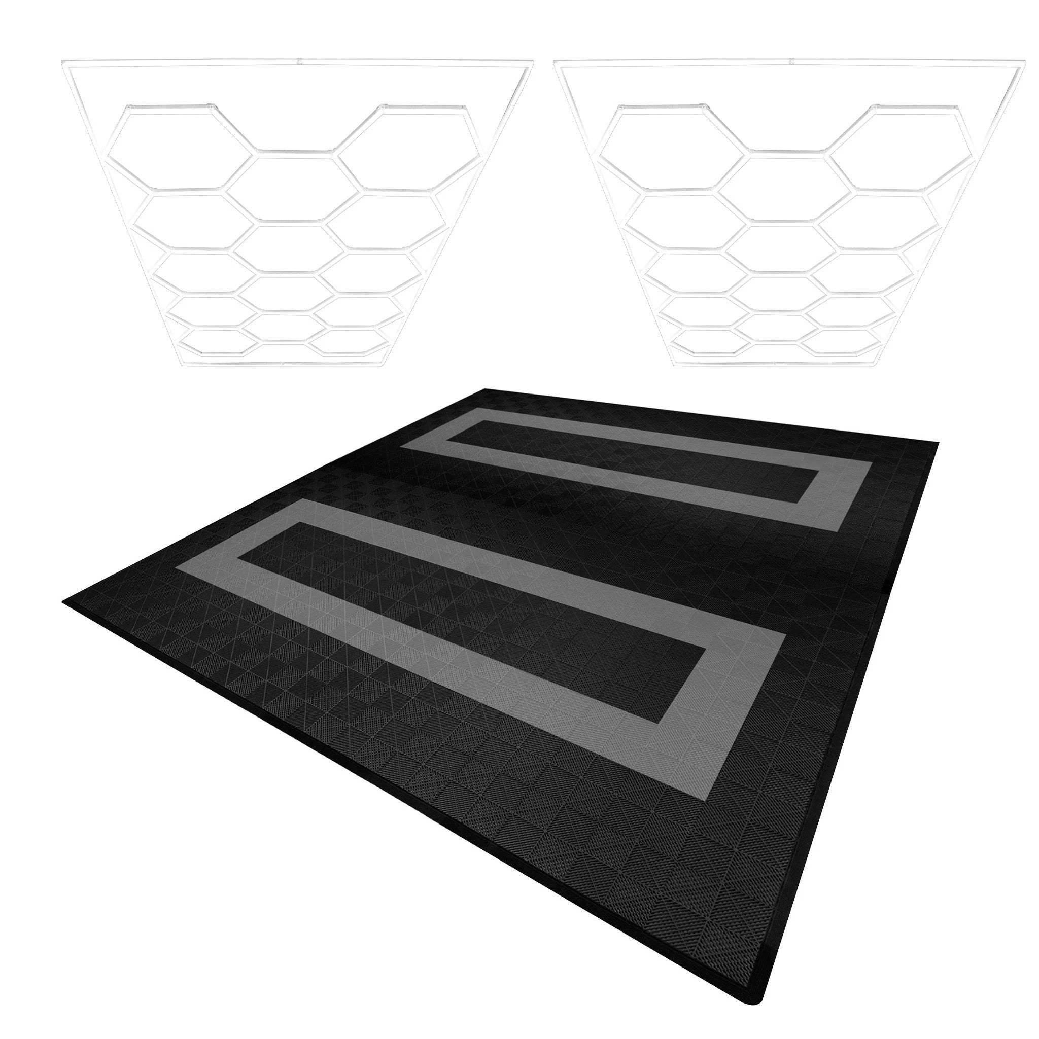 Monster Shop Hexagon LED Lights x 2 & Vented Garage Floor Tiles With Edges - 165 Black & 60 Grey -