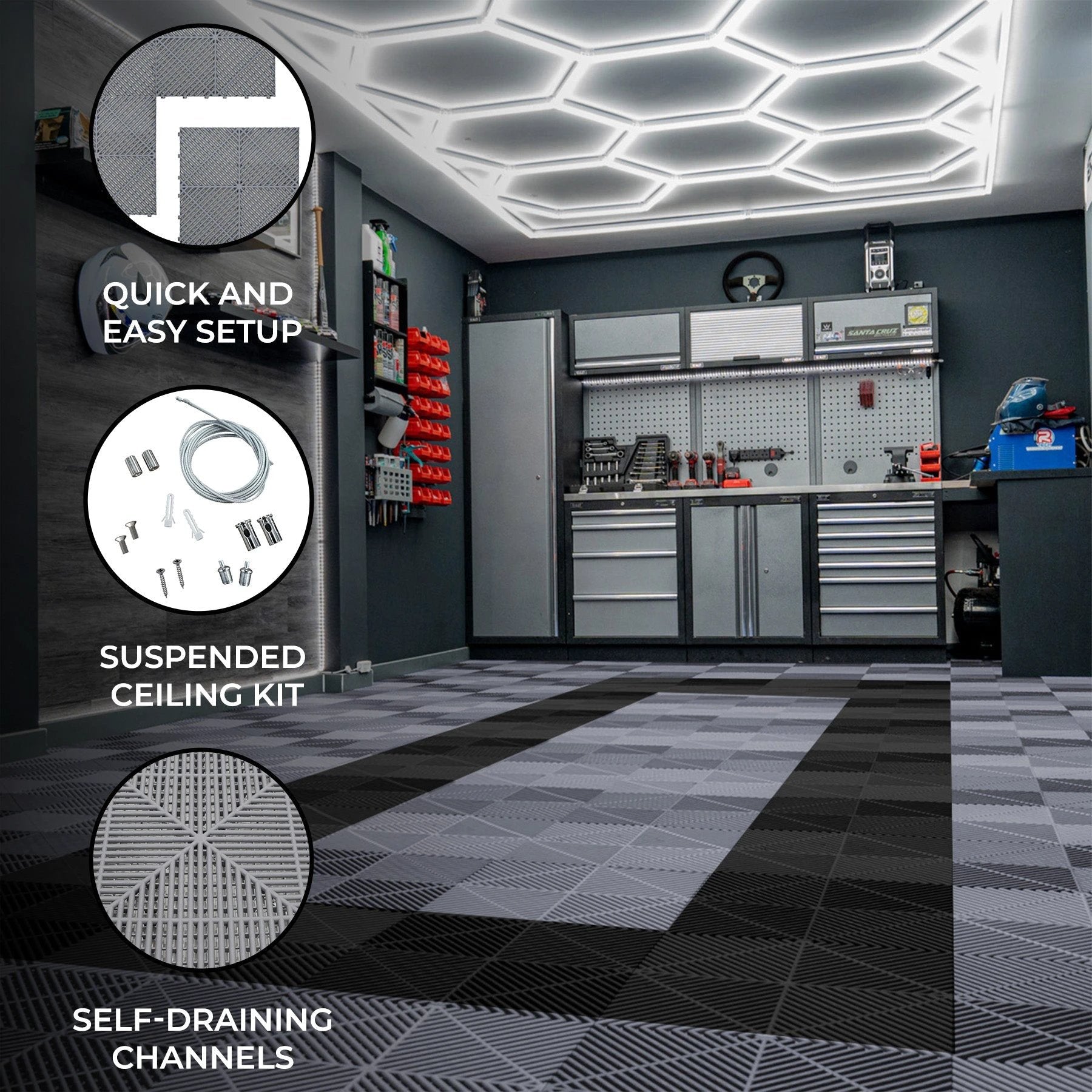 Hexagon LED Lights x 2 & Vented Garage Floor Tiles With Edges - 165 Grey & 60 Black by Monster Shop