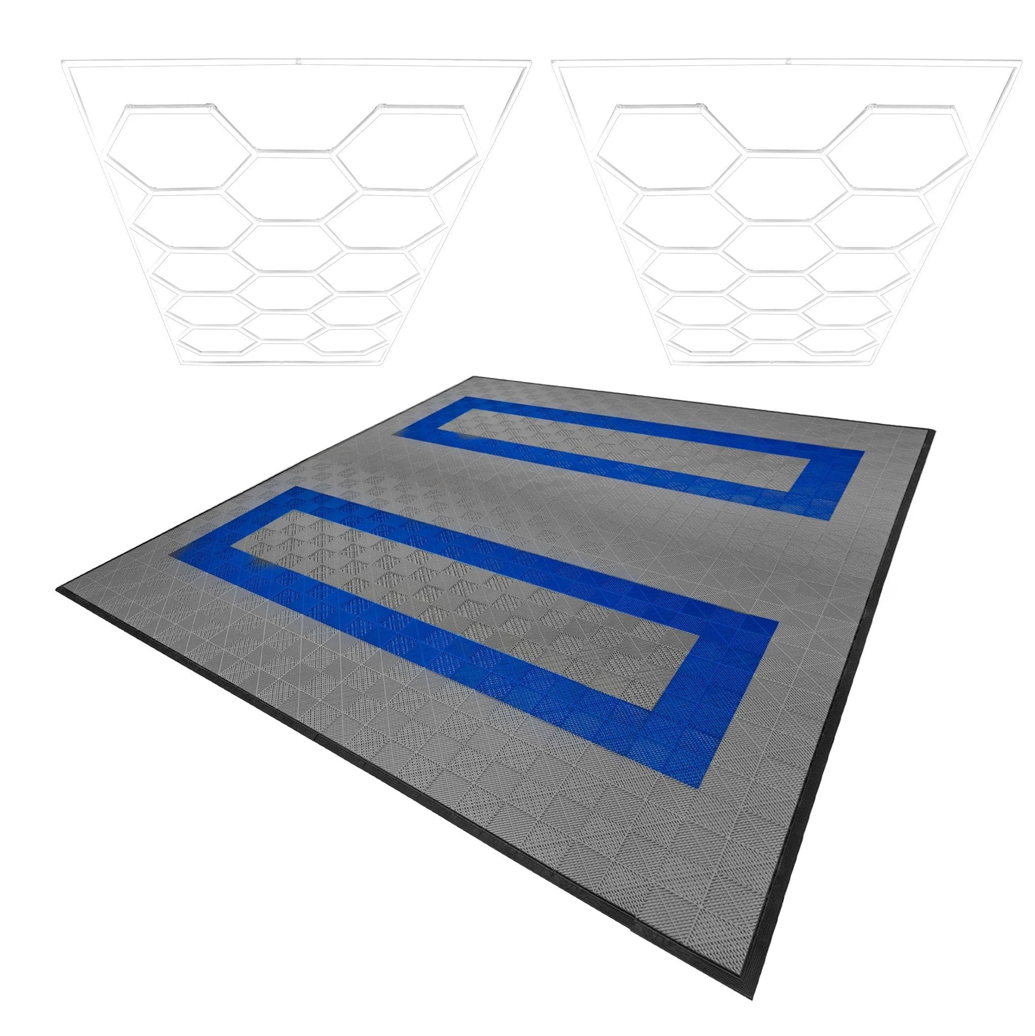 Hexagon LED Lights x 2 & Vented Garage Floor Tiles With Edges - 165 Grey & 60 Blue by Monster Shop