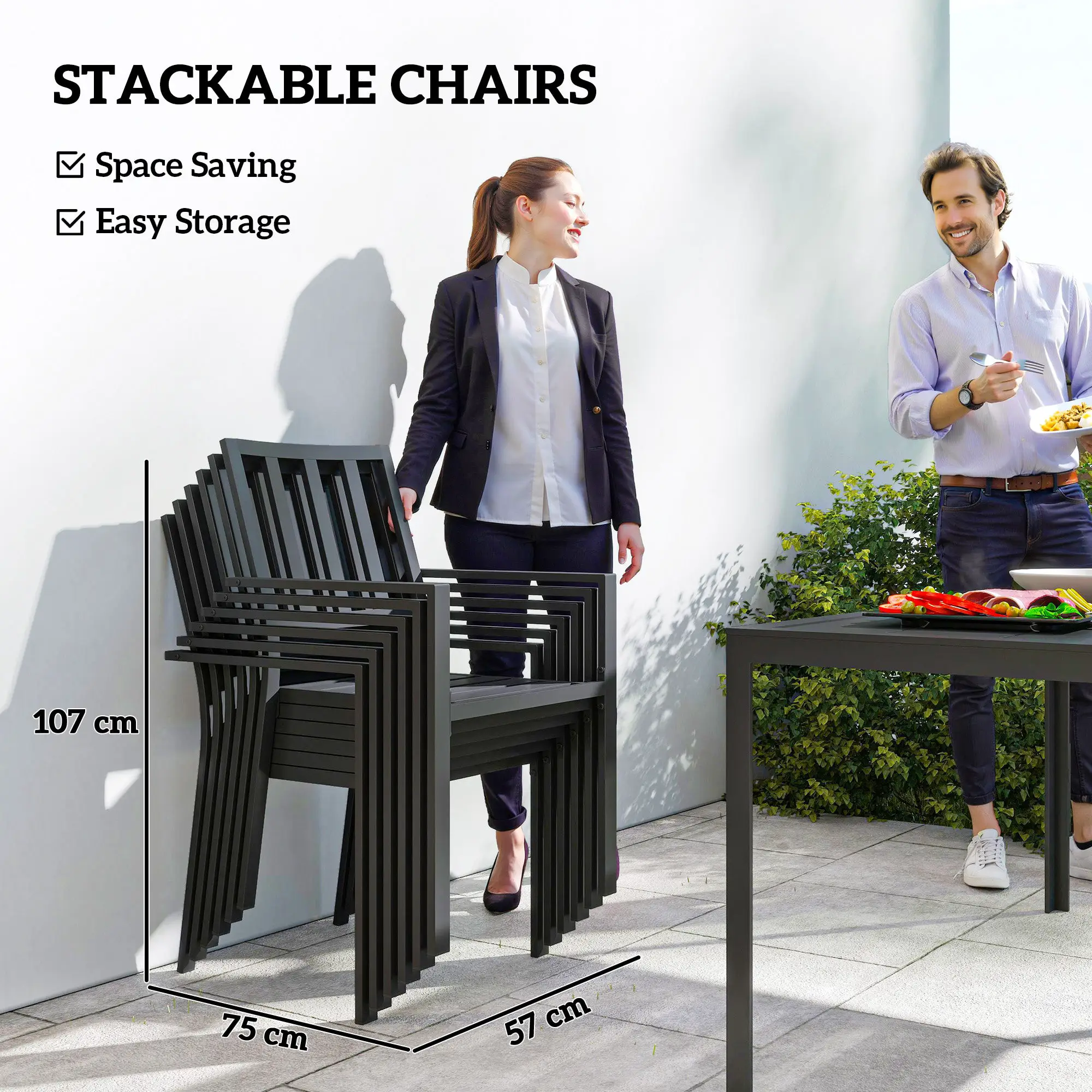 Outsunny Outsunny 7 PCs Garden Dining Set w/ Stackable Chairs and Metal Top Table, Black - Garden Set
