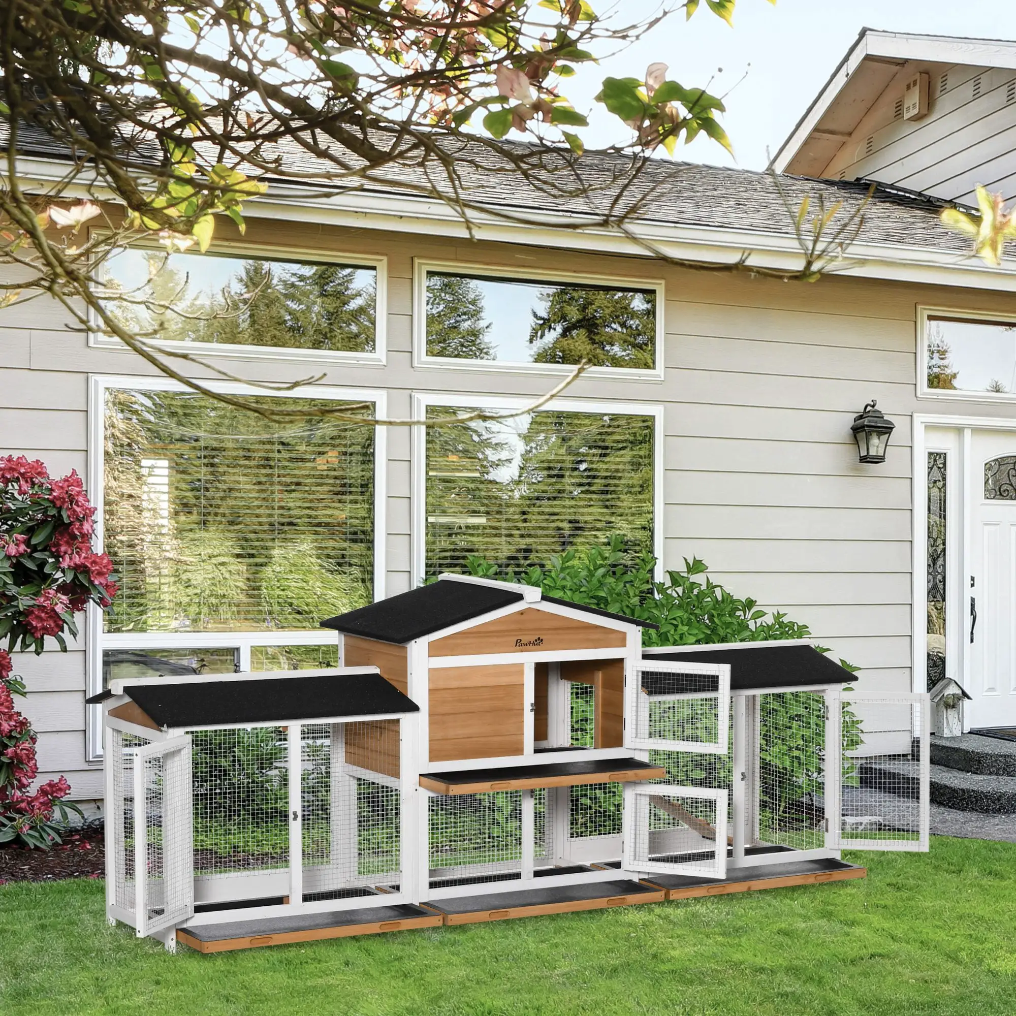 Pawhut Two-Tier Wooden Rabbit Hutch Guinea Pig Hutch w/ Two Runs, Slide-Out Tray, Ramp - Rabbit Hutch