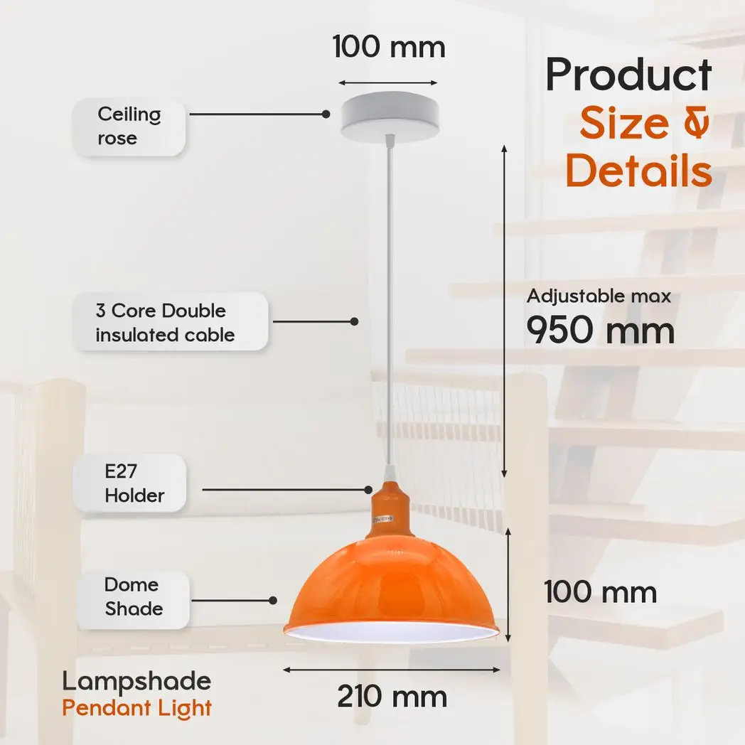 Un-branded 2Pack Dome Shaped Orange Loft Style Sturdy Metal Lamp Shade Pendant Lights 21cm Bottom Spray Painted Finish Inner White - Ceiling Lights