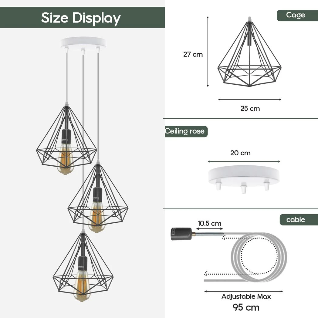 Vintage Industrial Pendant Light Three Head Geometric Wire Cage For Loft Decor Spaces by LEDSONE
