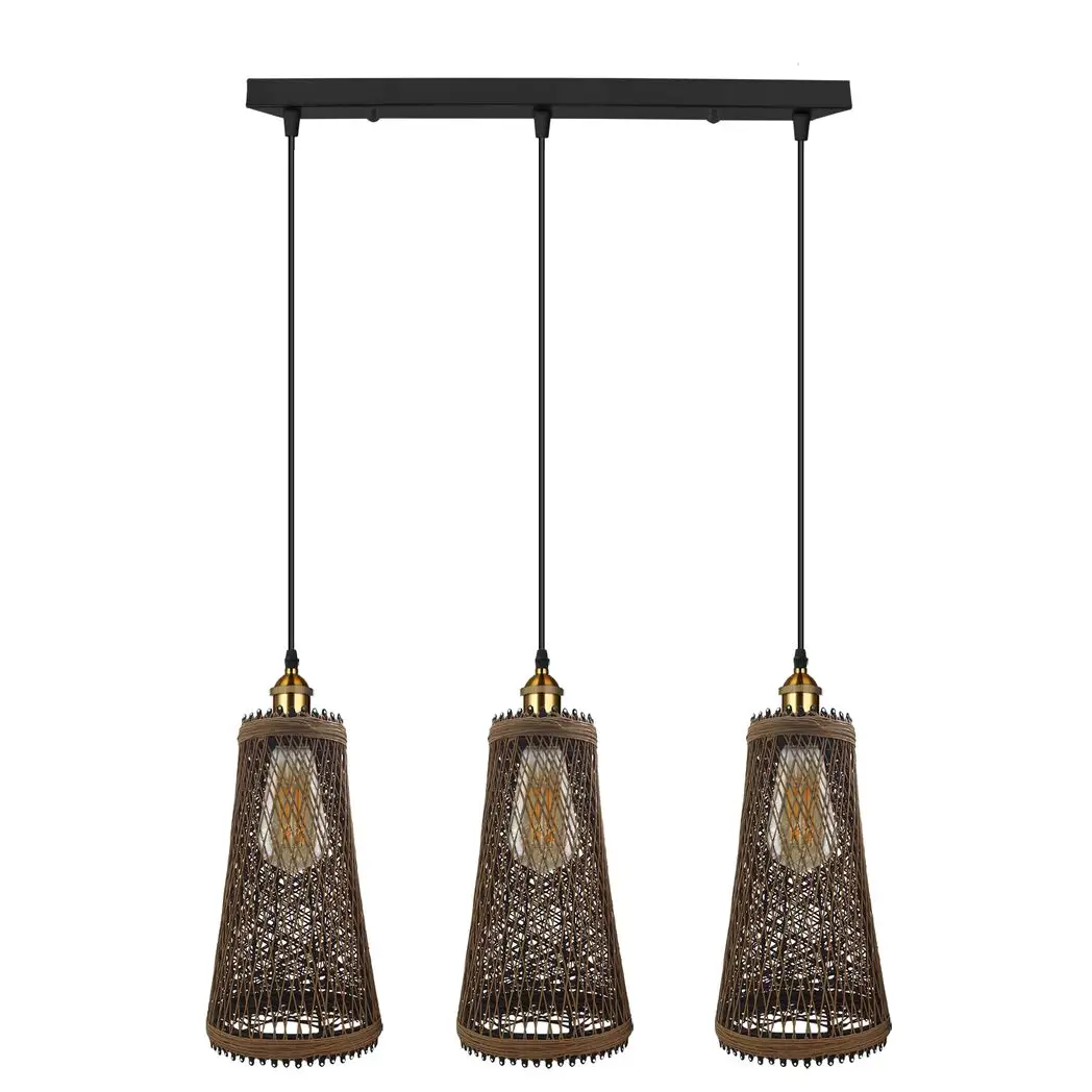 Dining Room Rattan Pendant Light - 3-Head Wicker Basket Style (Adjustable)