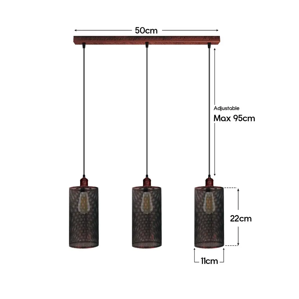Un-branded Vintage Industrial Rustic Red 3 Head Reactangle Pendant Cord E27 Base Metal Brushed Light Fitting Barel Cage Lamp Shade - Pendant Lights