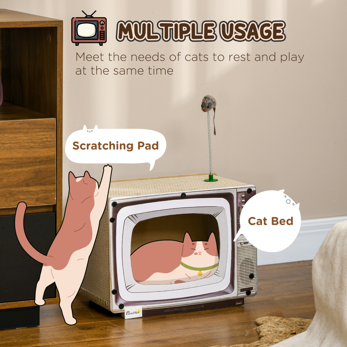 PawHut PawHut TV-Shaped Cardboard Cat House with Scratcher, Catnip, Toy Rat - Cat House