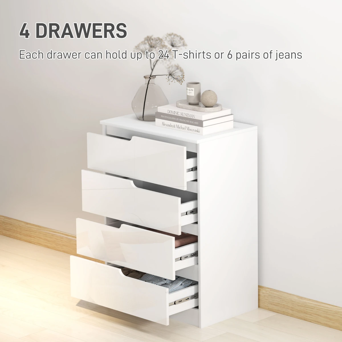 HOMCOM HOMCOM 4 Drawer Chest 60x40x85cm High Gloss Drawer Panels Hidden Curved Handles for Bedroom Storage - Chest of Drawers
