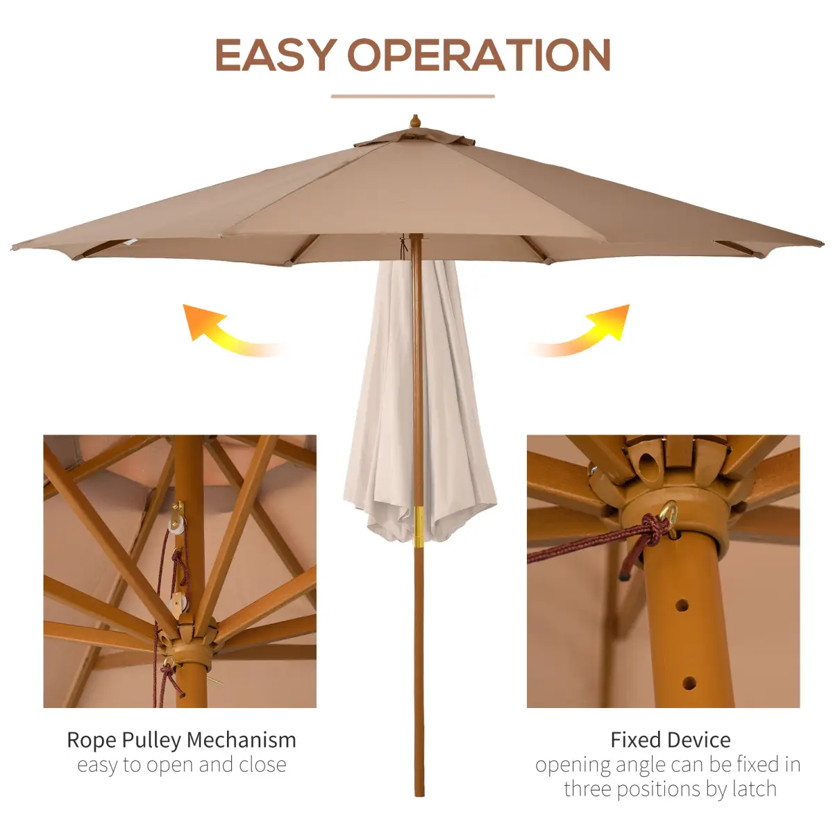 Outsunny Outsunny 3(m) Wooden Garden Parasol Sun Shade Outdoor Umbrella Canopy Khaki - Parasol