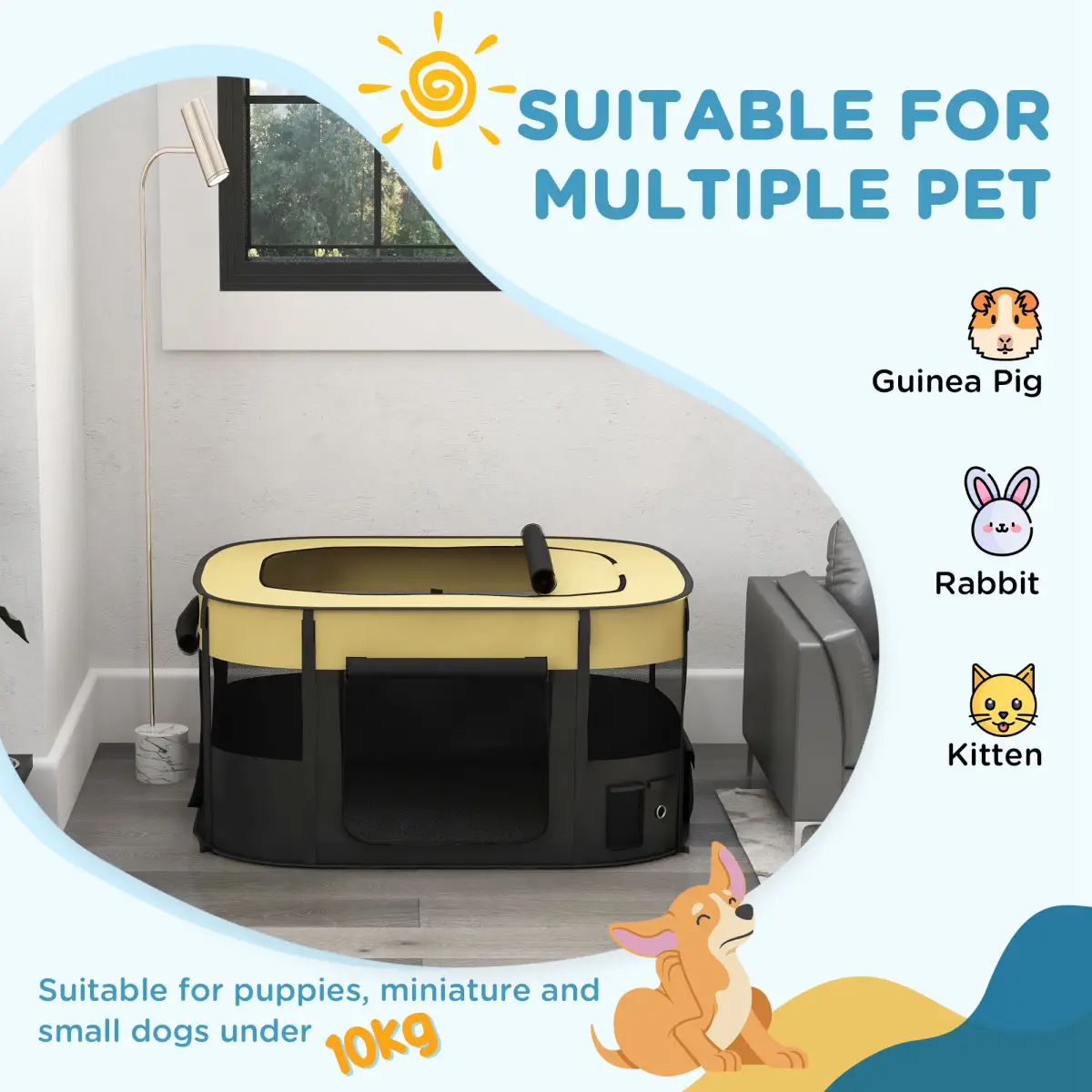 PawHut PawHut Portable Dog Pen for Puppies, Rabbits, Kittens, Guinea Pigs - Yellow - Pet Playpen