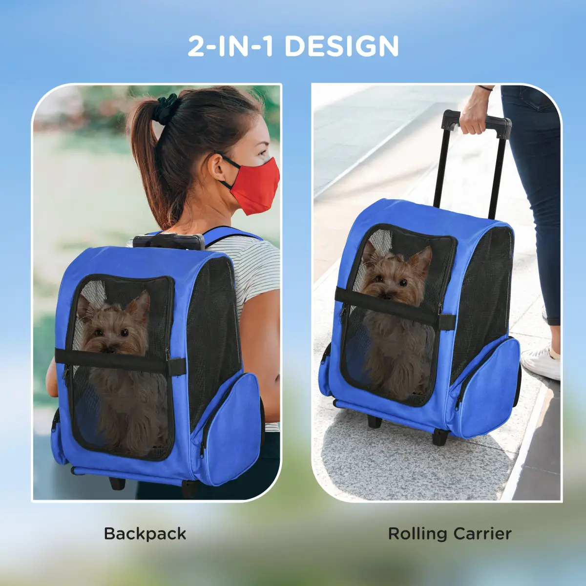 Pawhut Pet Travel Backpack Bag Cat Puppy Dog Carrier w/ Trolley and Telescopic Wheel - Pet Carrier