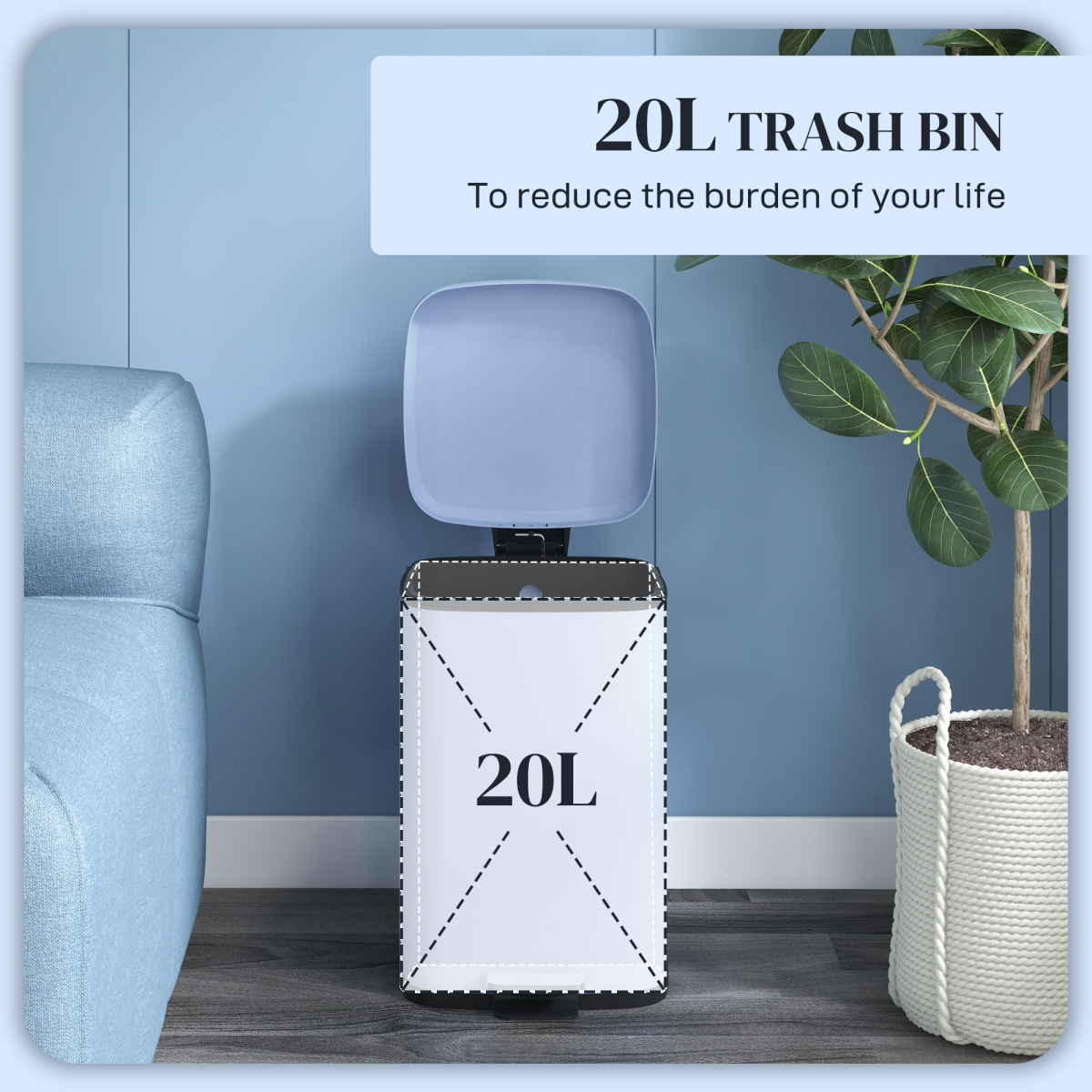 HOMCOM 20L Kitchen Pedal Bin, Metal Rubbish Bin with Soft-close Lid, Light Blue - from PawHut