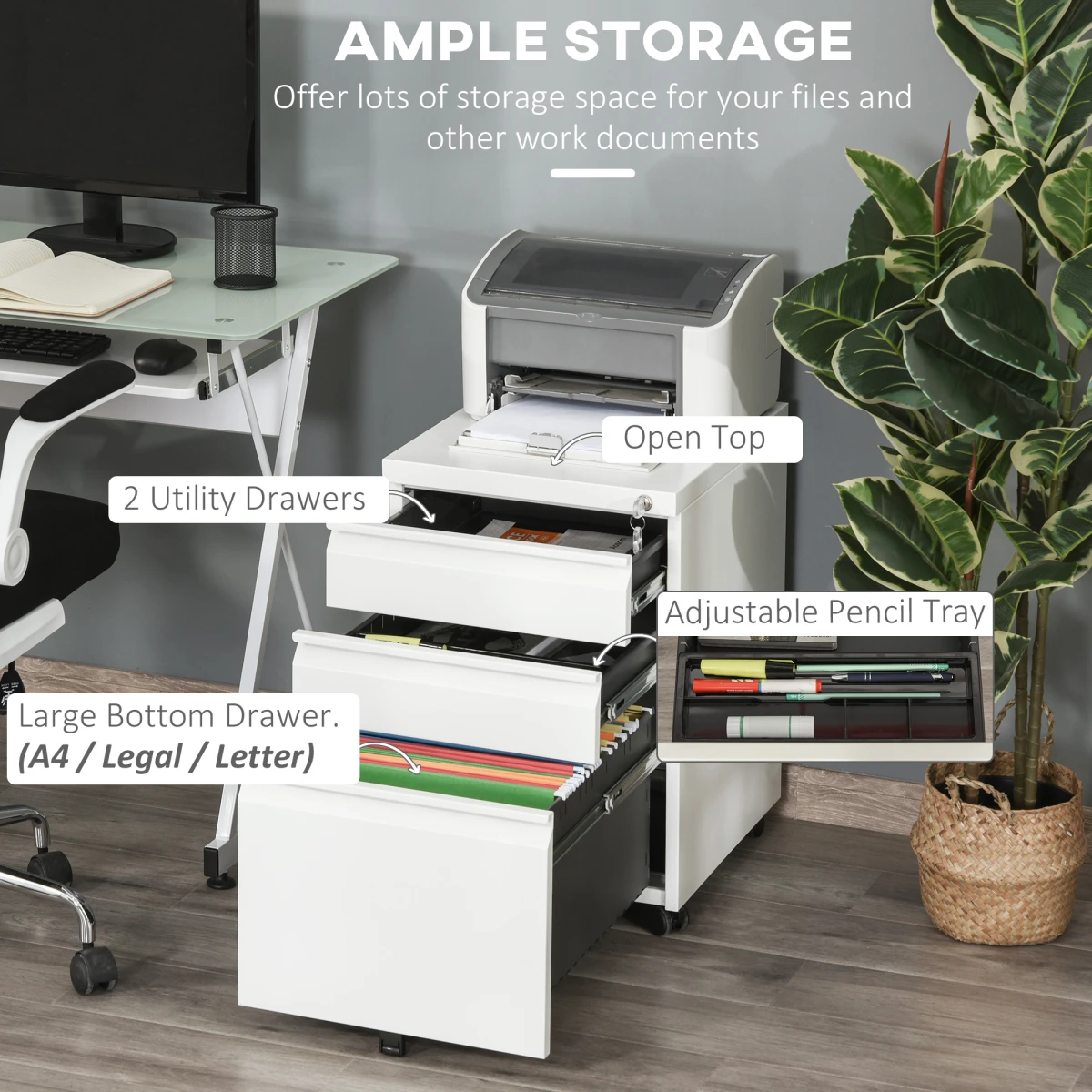 Vinsetto Lockable Mobile Vertical File Cabinet 3 Drawer Office Organizer For Home Office by Unbranded
