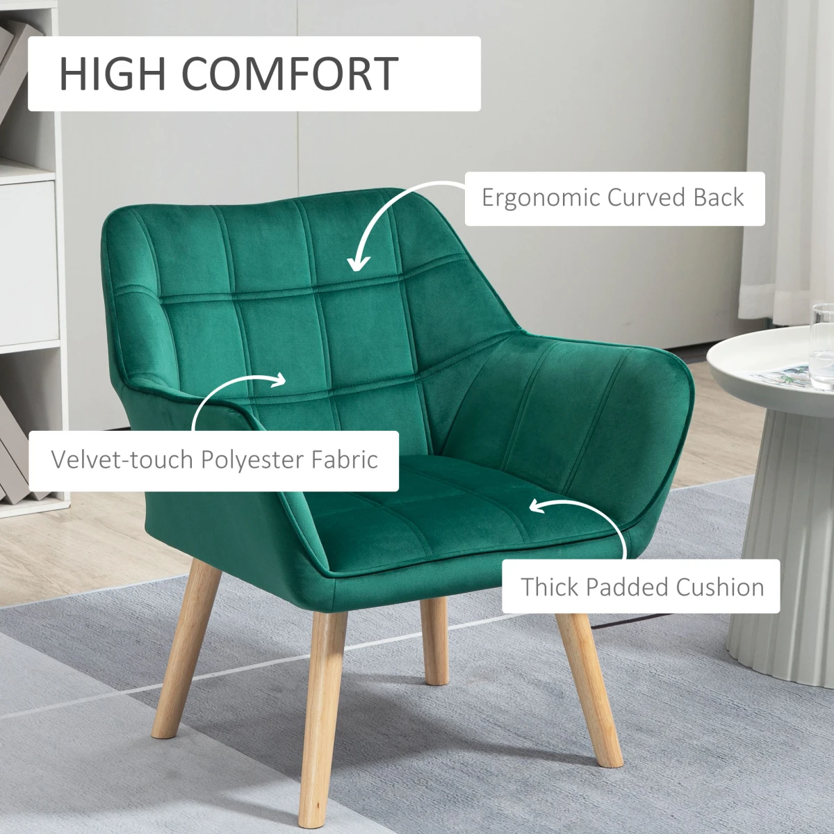 HOMCOM Luxe Velvet Accent Chair Wide Arms Slanted Back Green by HOMCOM