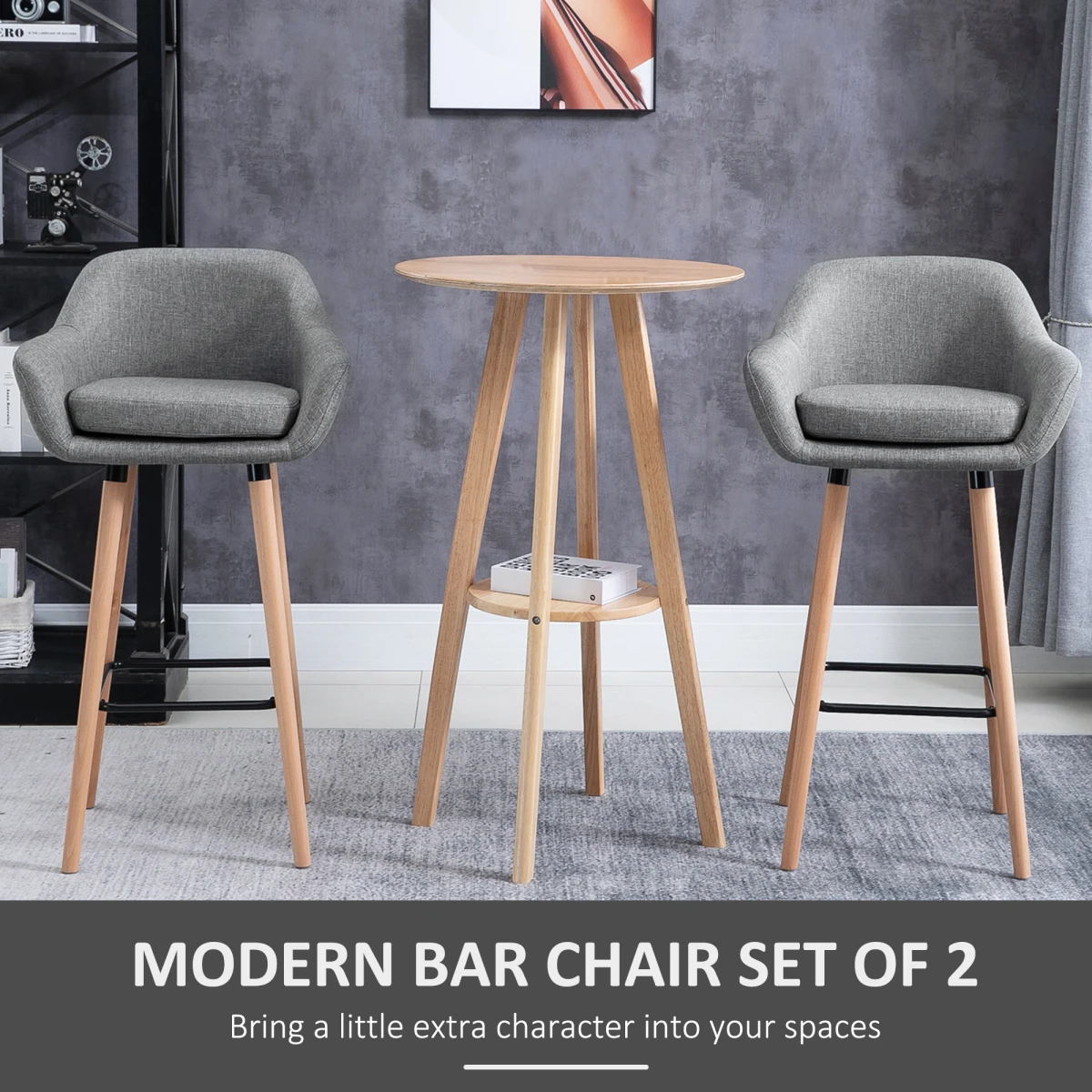 Unbranded 2 PCs Modern Upholstered Fabric Bucket Seat Bar Stools w/ Solid Wood Legs Grey -