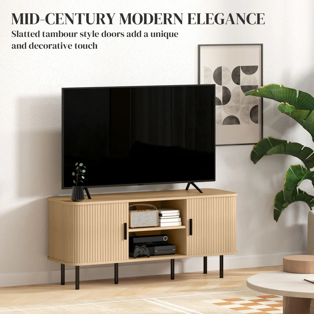 HOMCOM Living Room TV Unit With Oak Tone Finish HOMCOM Two Shelves Two Cupboards Cable Management Elevated Base - TV Unit