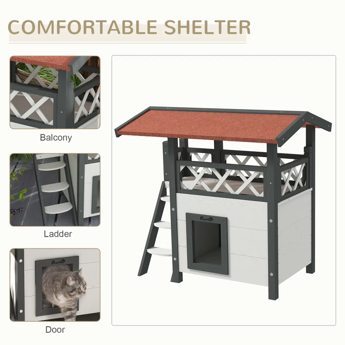 PawHut PawHut Outdoor Cat House with Balcony Stairs Roof, White - Cat House