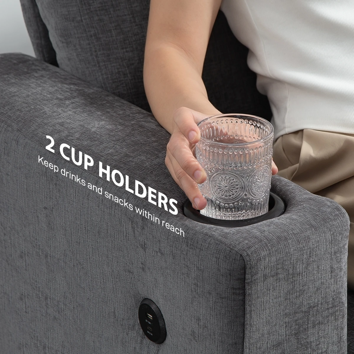 Homcom Sofa 3 Seater Gray With USB Ports Cup Holders Home by HOMCOM