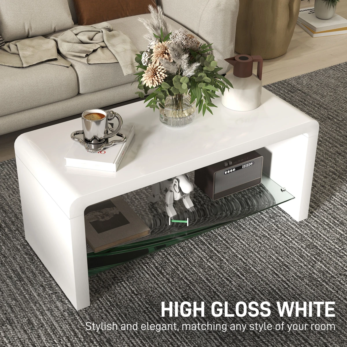 HOMCOM HOMCOM High Gloss Storage Coffee Table Two Tier White With Glass Shelf For Living Room - Coffee Table