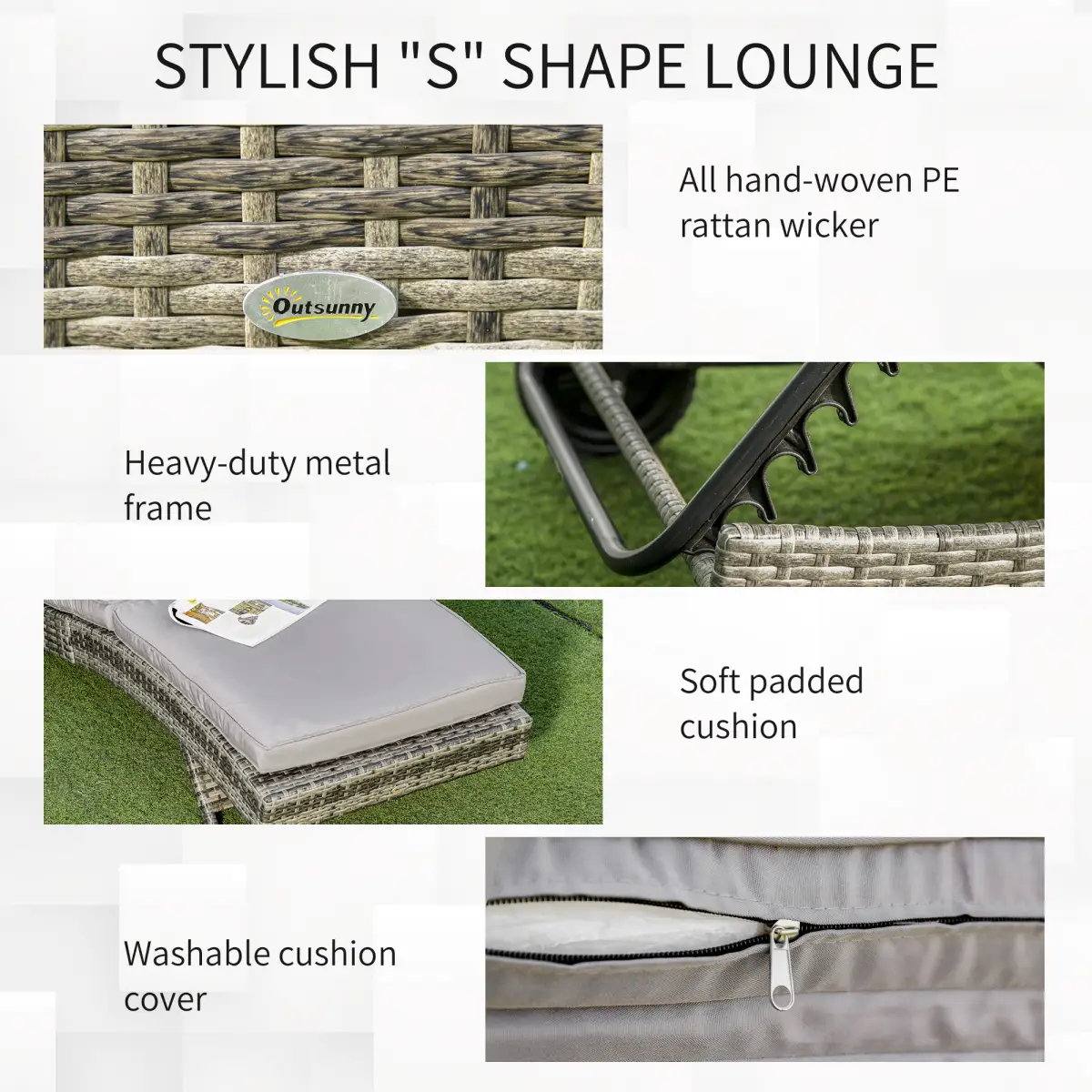 Outsunny Outsunny Outdoor Reclining Lounge Chair, PE Wicker, Rolling Wheels, Grey - Sun Lounger