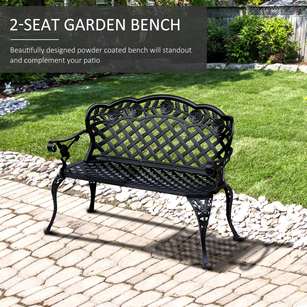 Outsunny Garden Bench, Cast Aluminium, 107Lx58Wx85H cm-Black - Garden Chairs