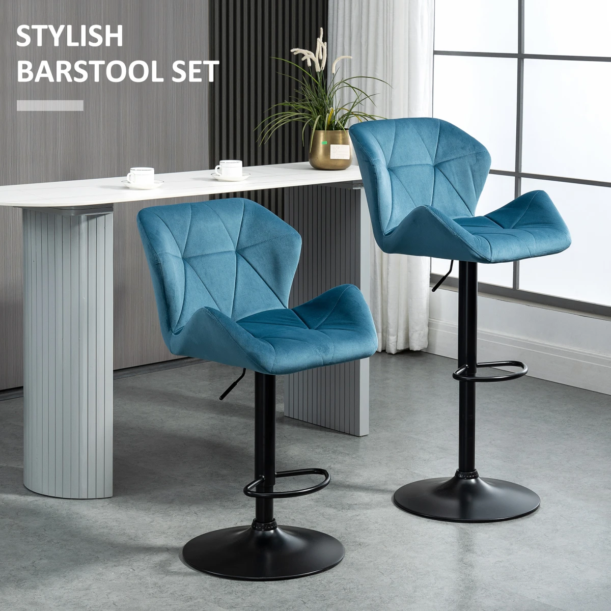 HOMCOM Set Of 2 Luxurious Velvet-Touch Bar Stools w/ Metal Frame Footrest Base Blue -