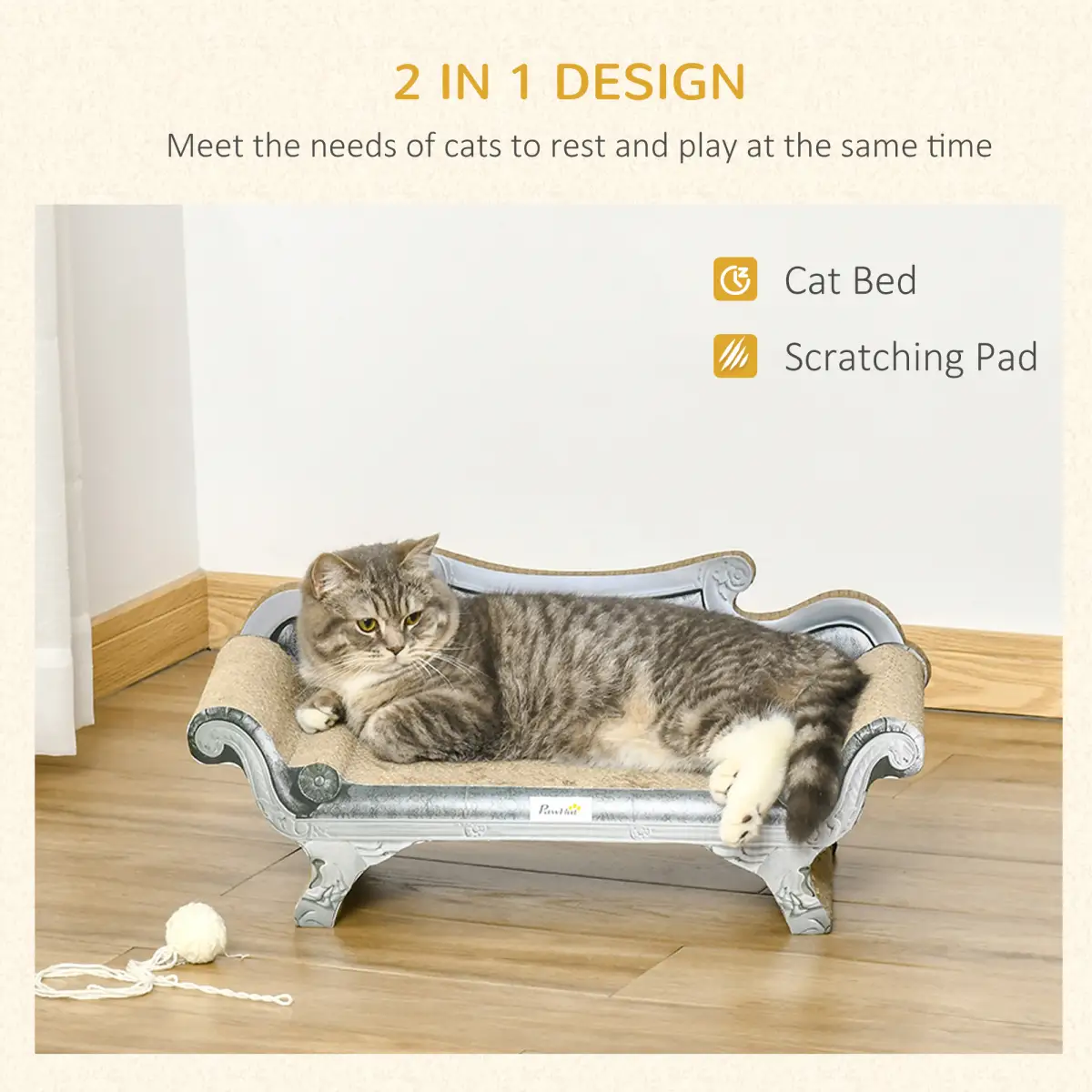 PawHut Cardboard Scratcher Lounger Bed, Cat Scratching Board with Catnip, 60x29x26.5cm - Cat Beds