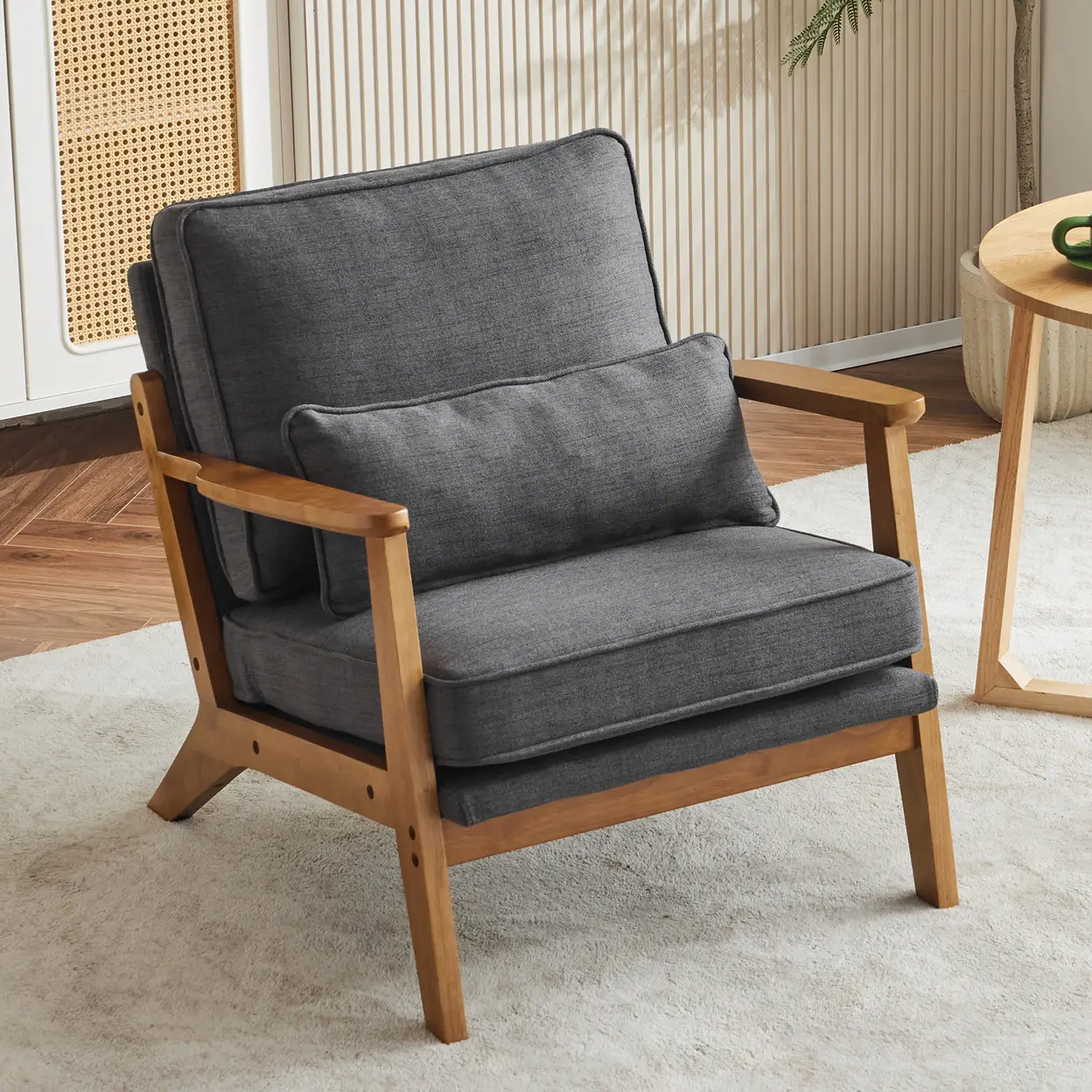 N/A Mid-Century Oak Accent Chair - Linen-Cotton Dark Gray Upholstered Single Lounge Chair, Indoor Armchair with Sturdy Wood Frame (330LBS Weight Capacity) - Accent Chair