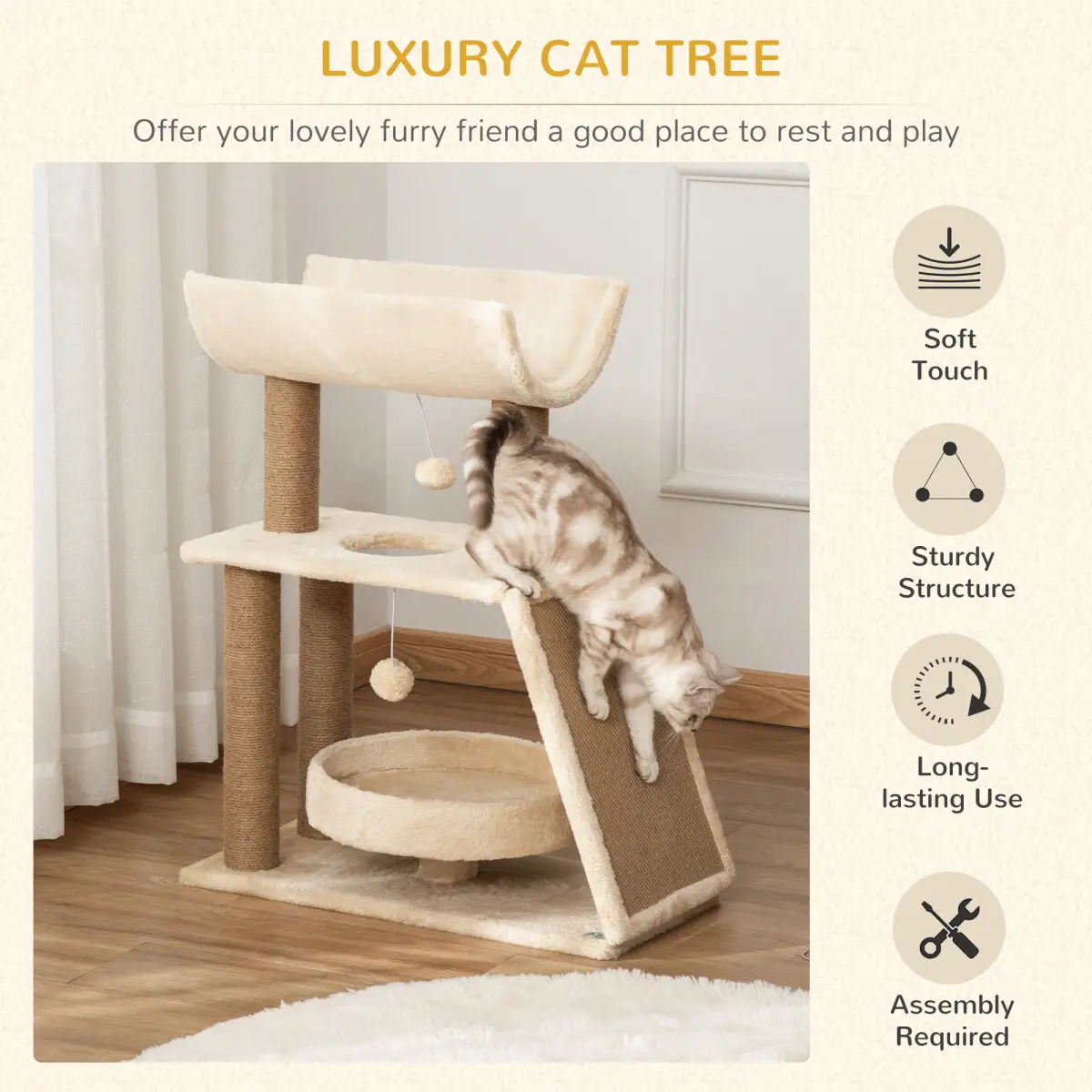 PawHut Cat Tree Kitten Tower w/ Scratching Post, Pad, Bed, Perch, Toy Ball - Cat Tree