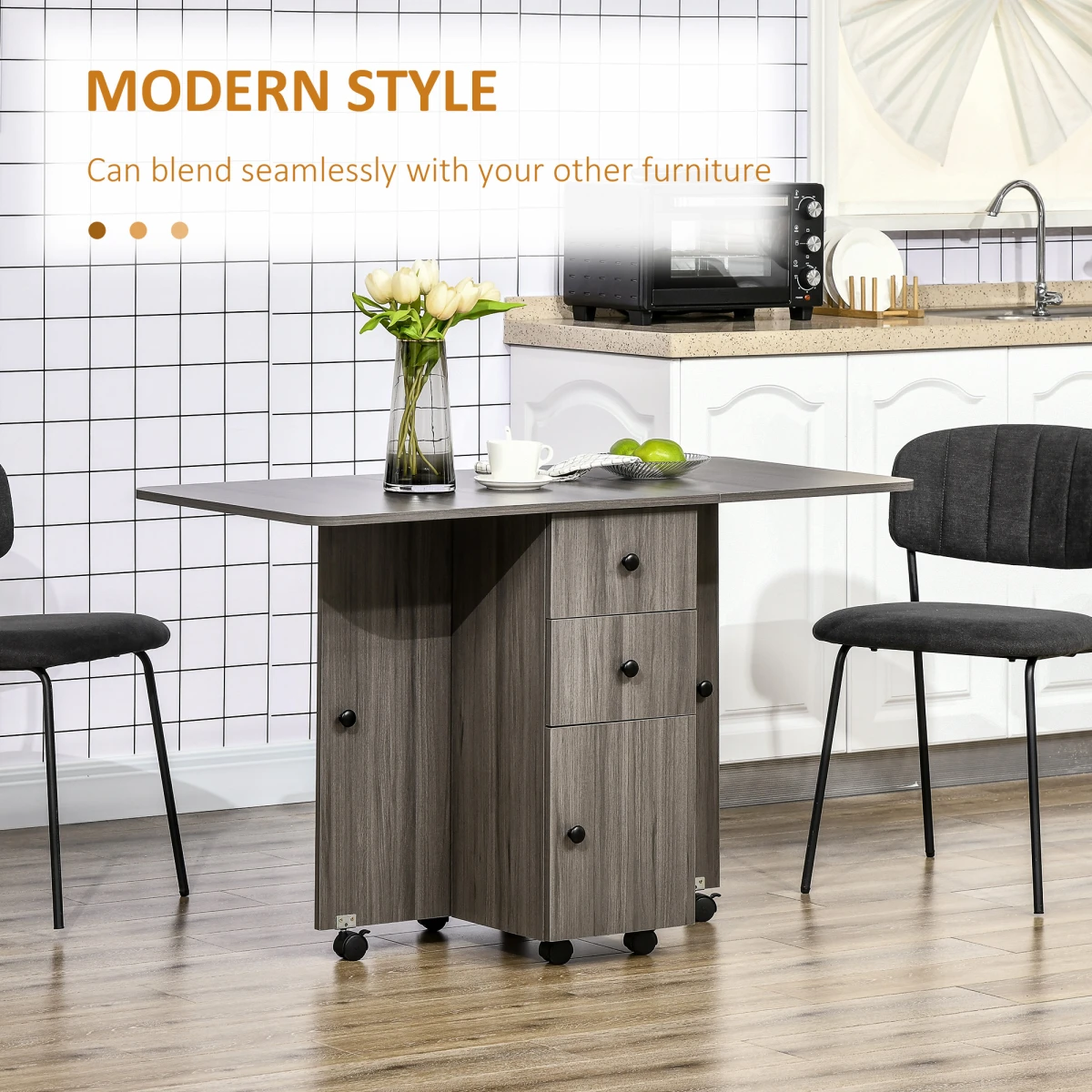 HOMCOM Drop Leaf Table Grey Wood Compact Drawers Apartments by HOMCOM