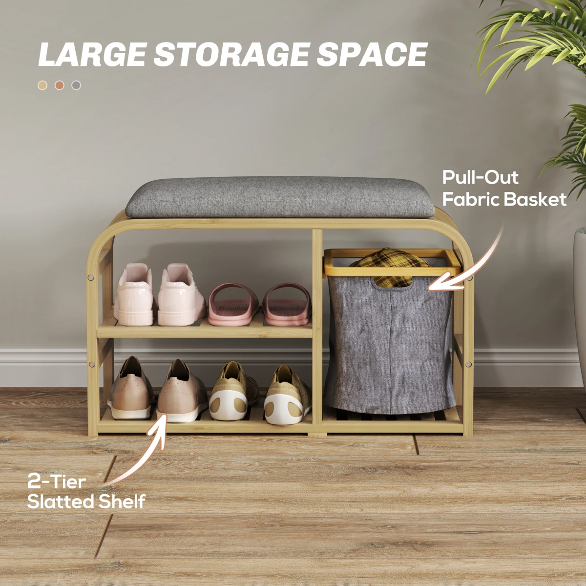 HOMCOM HOMCOM Bamboo Shoe Rack Bench With Padded Top And Pull Out Storage Basket Holds Four Pairs Natural Wood Finish Hallway - Shoe Storage