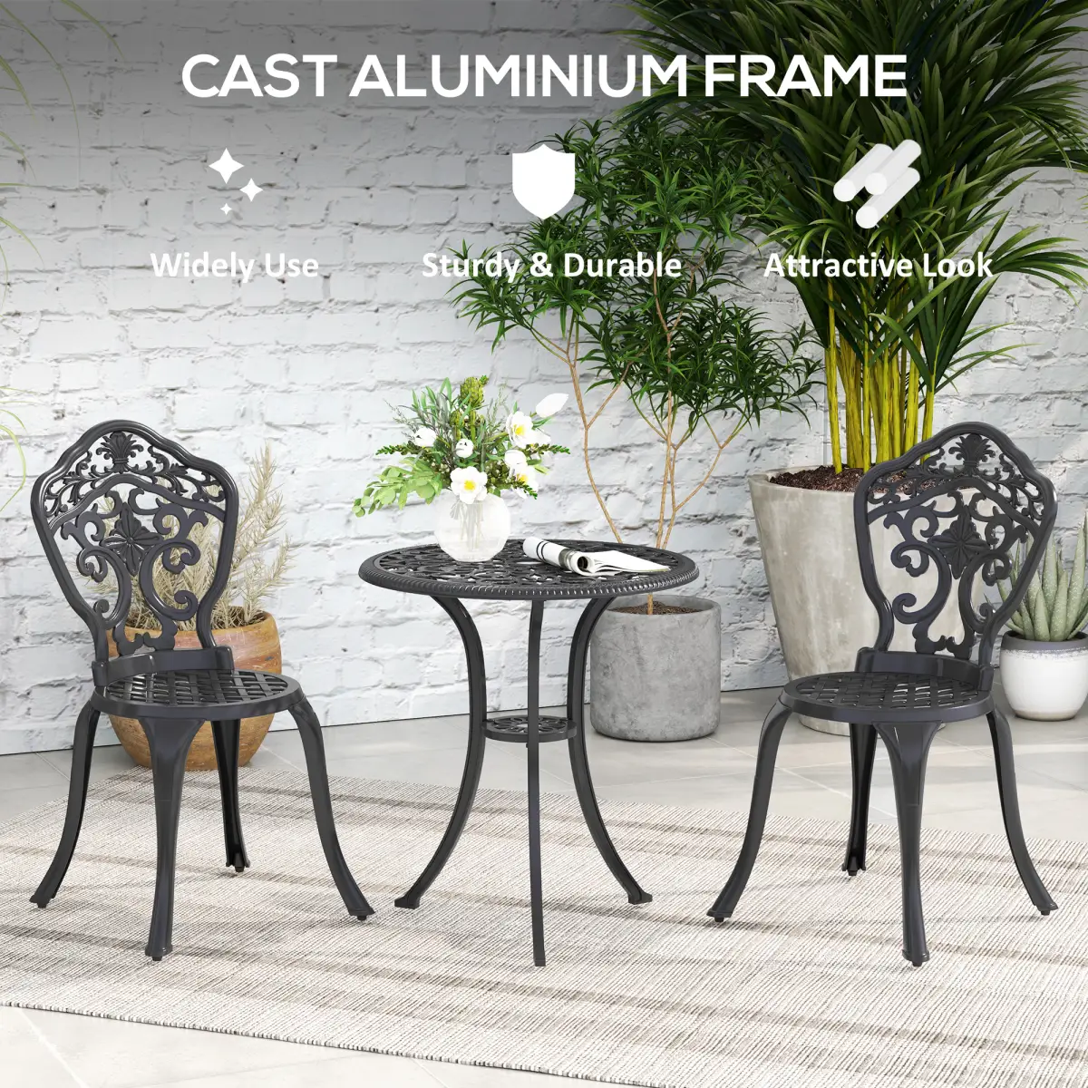 Outsunny Outsunny 3 PCs Cast Aluminium Bistro Set w/ Parasol Hole for Balcony, Black - Garden Set