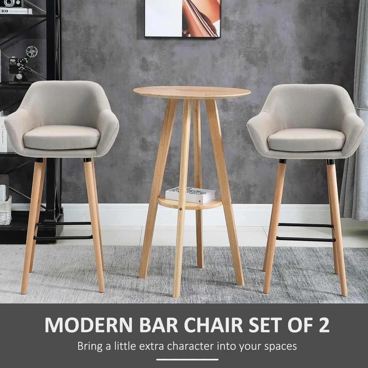 HOMCOM 2 PCs Modern Upholstered Fabric Bucket Seat Bar Stools w/ Solid Wood Legs Beige - Bar Stool