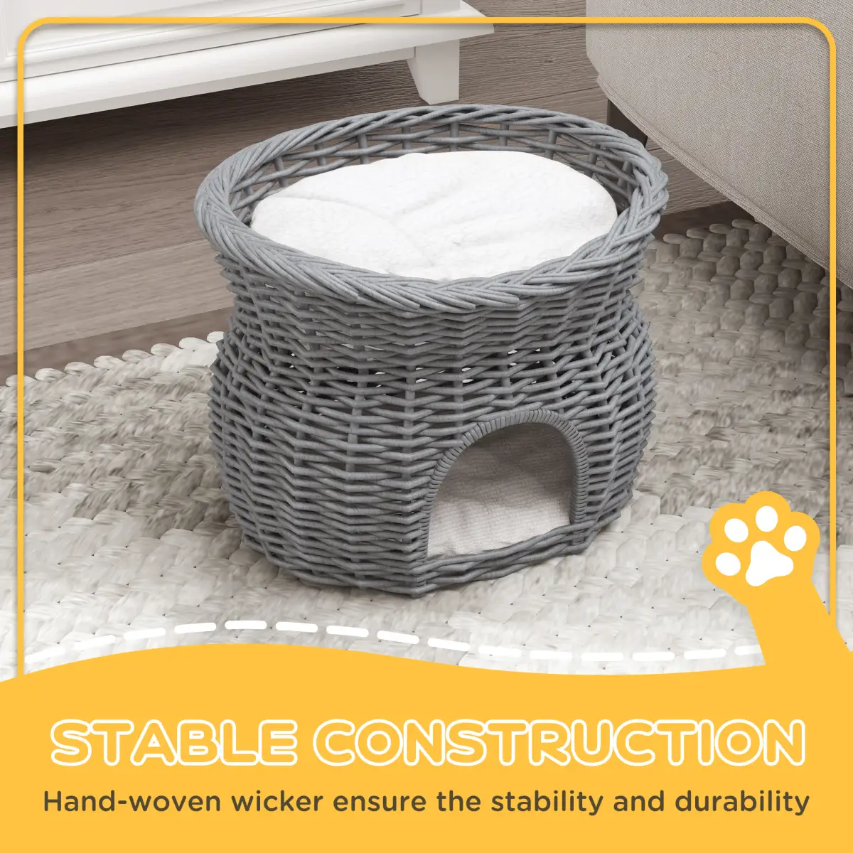PawHut PawHut 2-Tier Elevated Pet Cushion Bed Basket Willow Cat Tree House Condo Kennel - Cat House