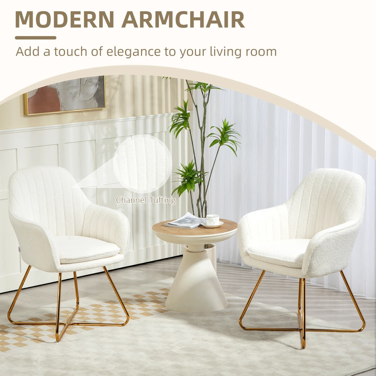 HOMCOM Accent Chair Set 2 Compact Cream Cashmere Gold Legs by HOMCOM