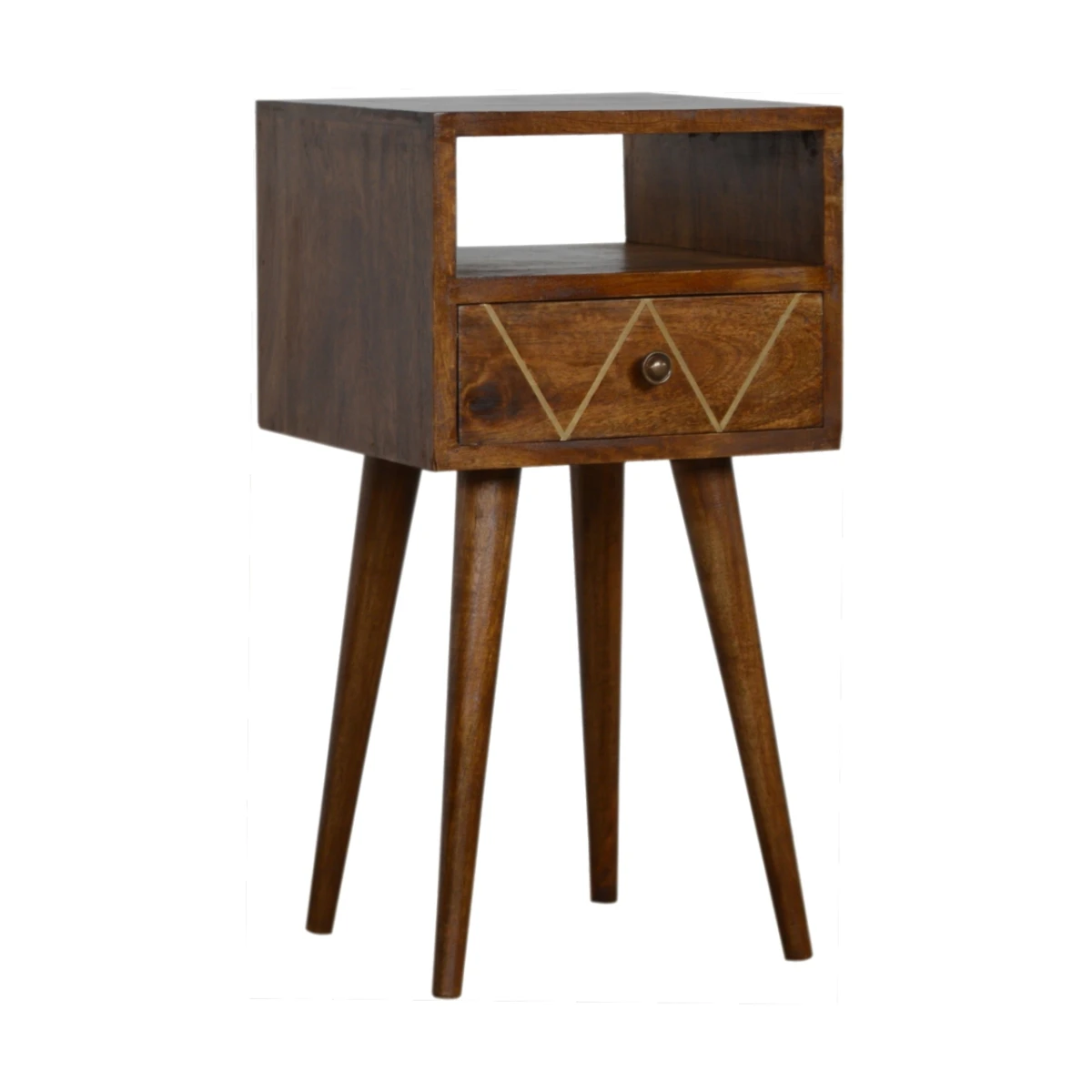 Artisan Furniture Artisan Bedside Table Mini Solid Mango Wood Geo Brass Inlay Drawer Shelf For Modern Bedroom Decor - Bedside Table