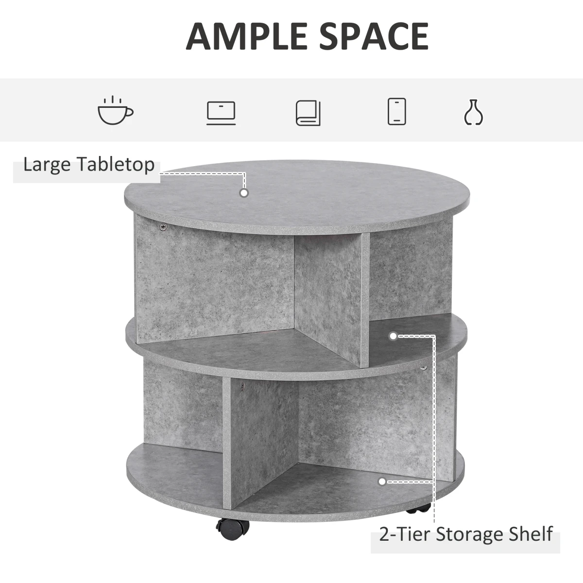 HOMCOM Concrete Finish Round Coffee Table 60x39.5cm Two Tier With Sector Shelves For Living Room - Coffee Table